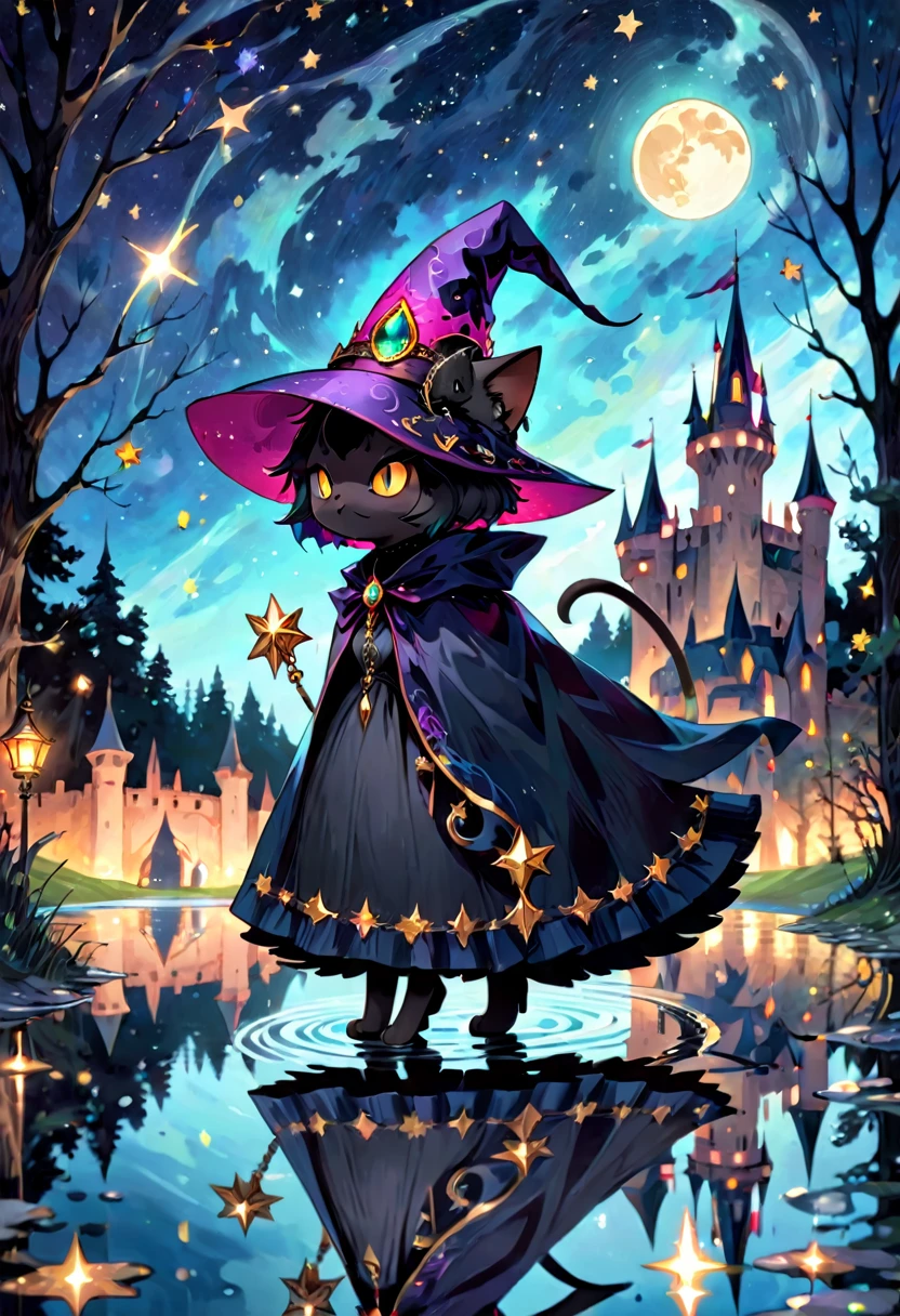 black cat, solo, alone, witch, hat, cloak, black short hair, long tail, jewelry, gems, sparkle effect, ornaments, walking on water, reflected water, castle, tower, forest, night, starry sky, star\(sky\),moon, no human, , masterpiece, best quality, ultra detailed, perfect anatomy, anatomically correct, vibrant color,