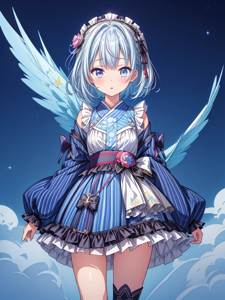 (((1girl)))、Star Fairy、vtuber-fullbody、(((highest quality、Masterpiece、The best composition、Golden Ratio、Official Art、Super detailed、Super detailedな目)))、ultra detailed, from front, headshot、 blue and white hair color、Short bangs above eyebrows、Short Hair、Standing in front of the viewer、A galaxy patterned outfit made from a remake of kimono and gothic ta, with dark blue and light blue as the main colors.、The sleeves are long and the hands are hidden、Knee-high boots、Pure white simple background、