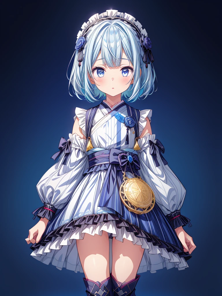 (((1girl)))、Star Fairy、vtuber-fullbody、(((highest quality、Masterpiece、The best composition、Golden Ratio、Official Art、Super detailed、Super detailedな目)))、ultra detailed, from front, headshot、 blue and white hair color、Short bangs above eyebrows、Short Hair、Standing in front of the viewer、A galaxy patterned outfit made from a remake of kimono and gothic lolita, with dark blue and light blue as the main colors.、The sleeves are long and the hands are hidden、Knee-high boots、Pure white simple background、