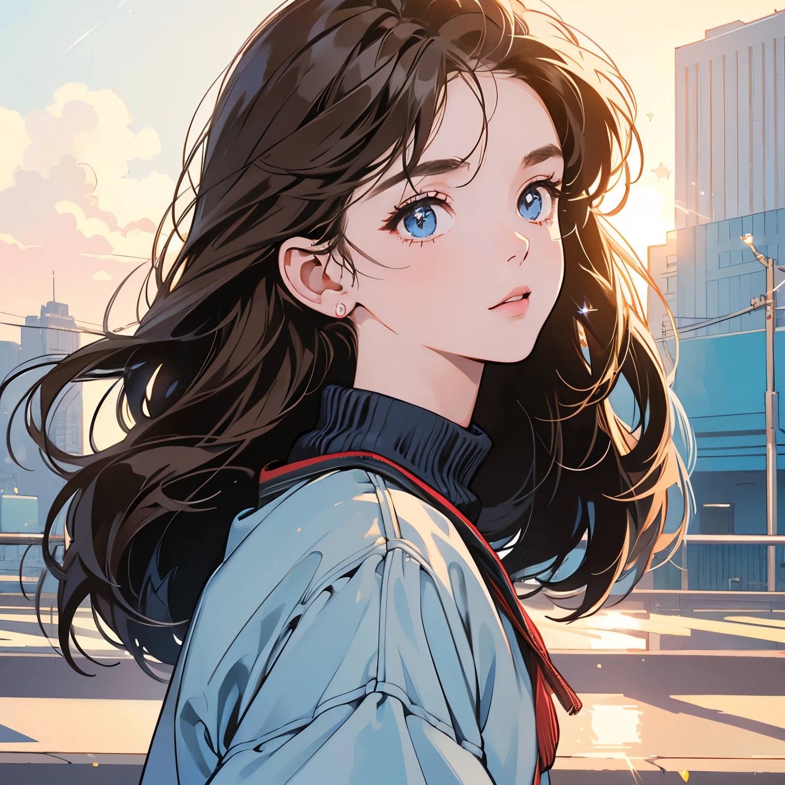 Upper Body、woman１people、highest quality、8K、The wind is blowing、Short sleeve sweater、Sunset、City of the Future、skyscraper、electric wire、pedestrian crossing、logo、line、station、(((Sparkling Eyes)))、(((Strong gaze)))、Light brown hair、Hair Length Medium、Detailed Hair、Complex background、Detailed、Faint lighting、Backlight、dim、Clouds in the sky、front
