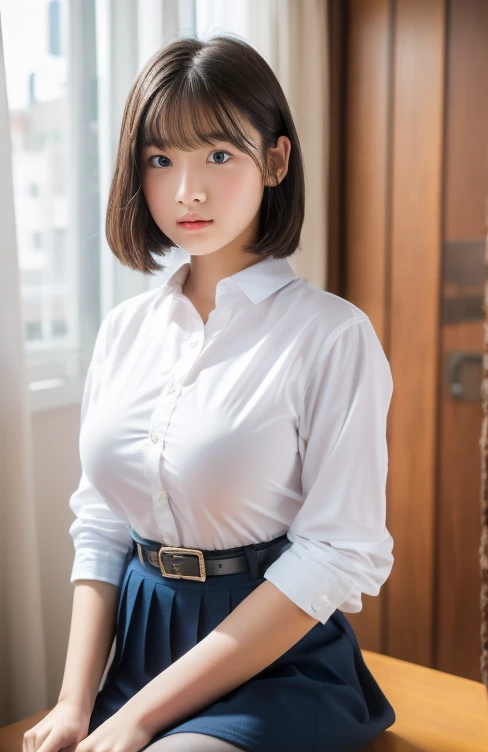 (highest quality, 8k, masterpiece ), A 12-year-old junior high school student with a young face、Short Hairstyles、Braided hairstyle、 bangs、Eyes are crisp、Bra shows through shirt,Black Hair、My shirt is about to burst、Big Breasts、bangs:0.6,Glamour thighs:1.2、Button-down dress shirt, Highly detailed face, double eyelid, Strong natural light、Round face:1.2、whole body、Sexy thighs:1.2、round face:1.3、Side Angle,Diagonal horizontal angle:1.2、mini skirt、