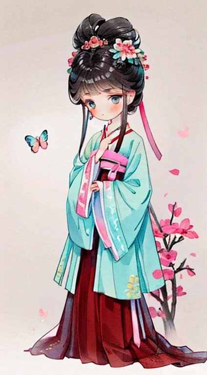 1 sister, Solitary, Looking at the audience, blush, background, black hair color, Hair accessories, Long sleeve, 白色background, eternal, Full body female love, Blooming flowers, Flowering, Hair Bun, Butterfly, masterpiece, Recent quality, The most exquisite details, Clear facial features, beautiful eyes