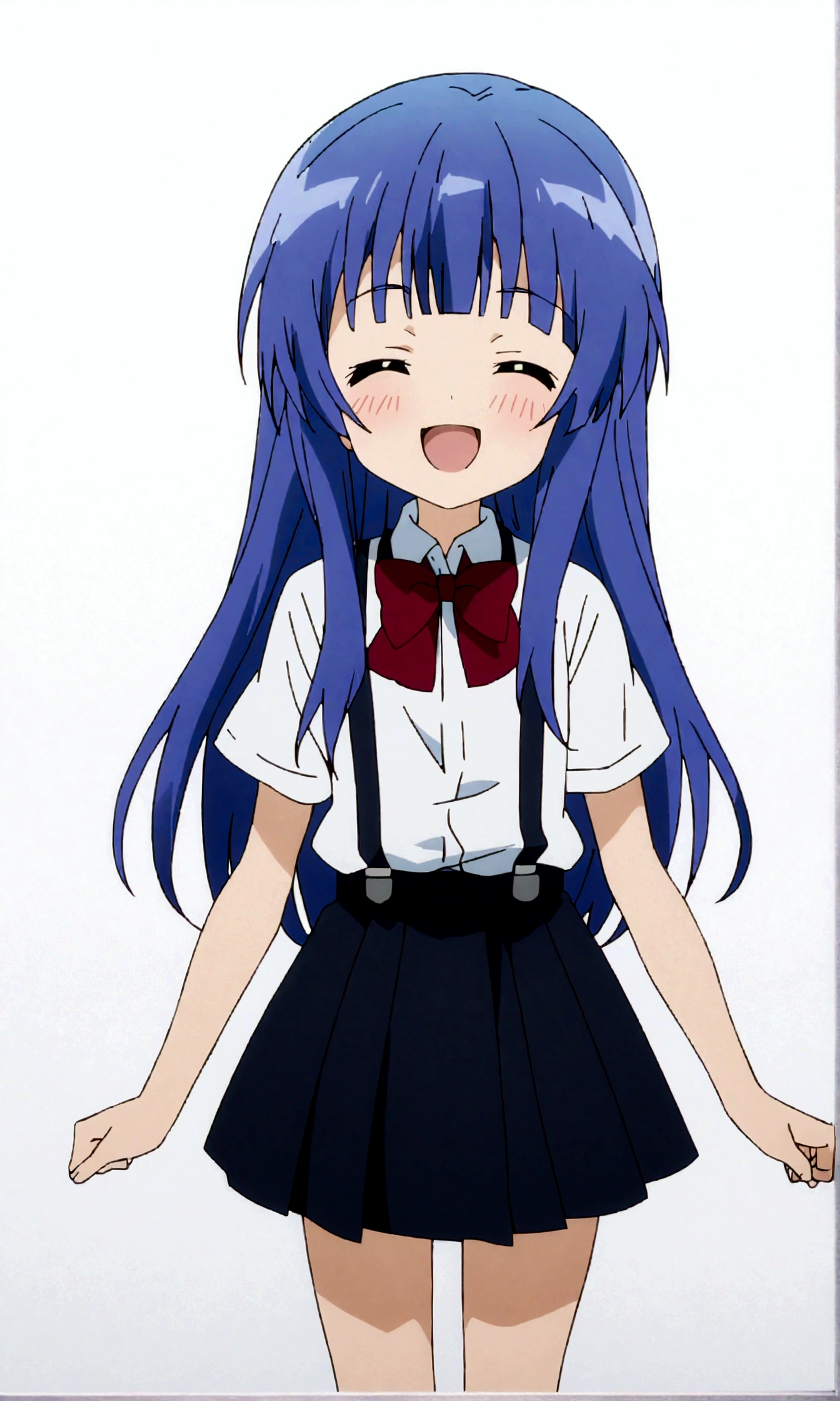 score_9,score_8, score_8_up, BREAK 1girl, solo, furude rika, (tween), kawaii, blue hair, purple eyes, long hair, blunt bangs, bangs,straight-on, simple background, white background, bow, skirt, shirt, suspenders, smile, short sleeves, pleated skirt, white shirt, open mouth, :d, red bow, facing viewer,^_^, suspender skirt, , black skirt, collared shirt, blush, bowtie, blunt bangs, dress shirt,masterpiece, best quality, source_anime,anime screencap,anime coloring,standing,mediumshot,.(closed eyes),
