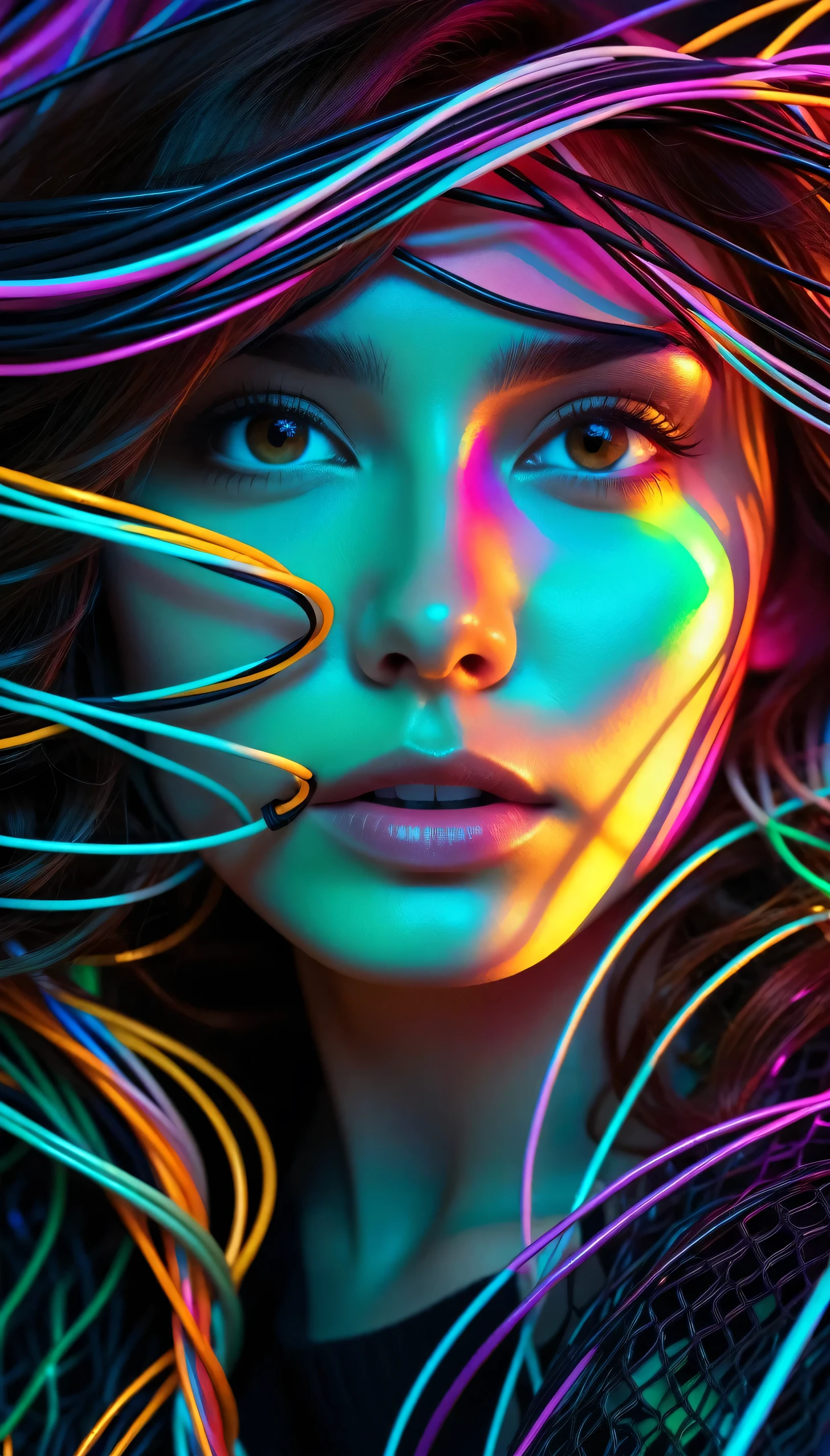 Abstract style mysterious figure emerges from the shadows in a tangled mess of iridescent wires and glowing mesh, color splash 1girl, extreme close-up, face hidden behind layers of glitched wavy distortions, Non-representational, colors and shapes, expression of feelings, imaginative, highly detailed