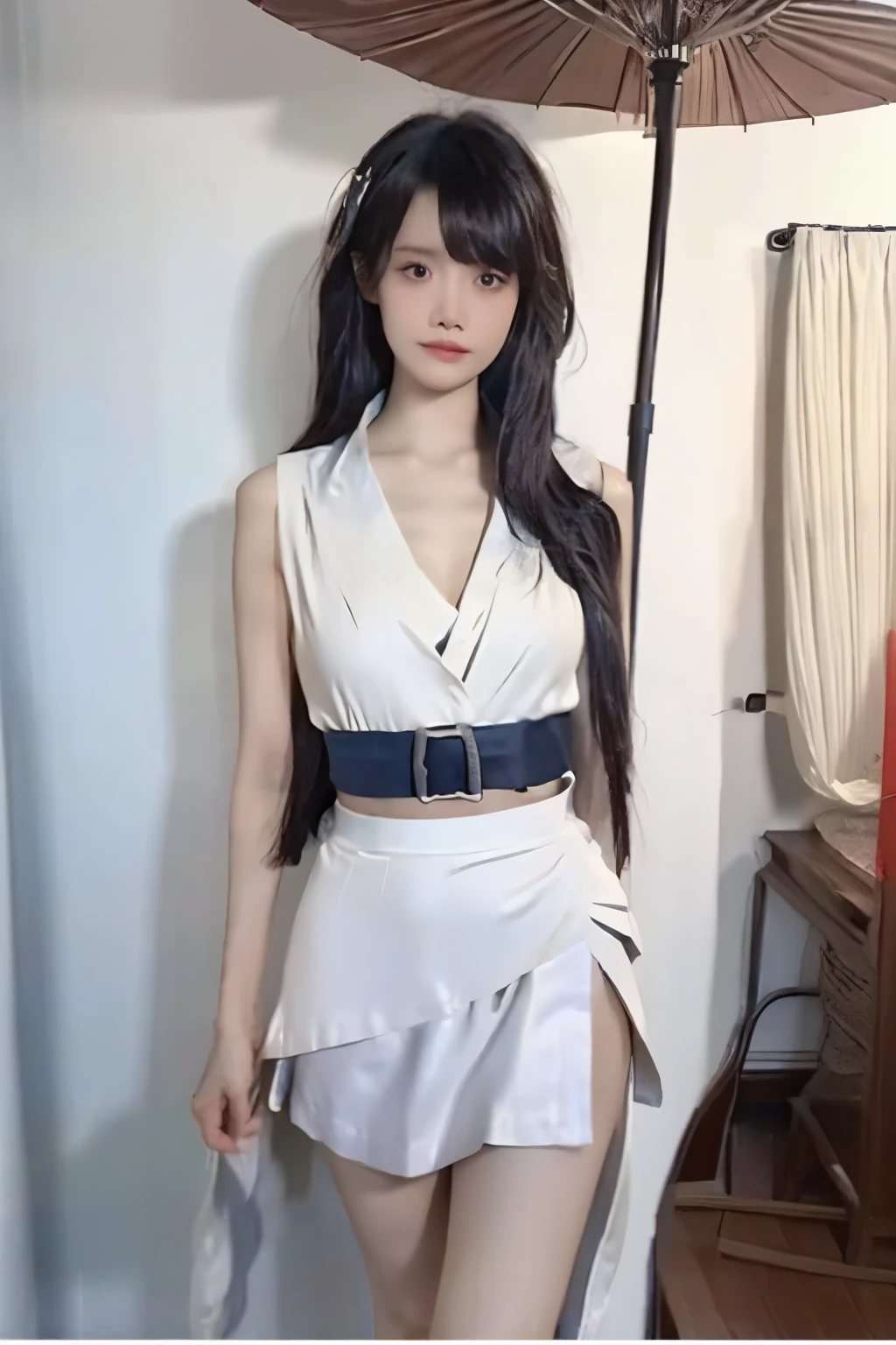 Beautiful woman with perfect body:1.4,Layered Hairstyle,Prominent cleavage,Highly detailed face and skin textures,Double eyelids,Skin Whitening,Long hair,Whitened long legs,(Vest,Pleated Skirt)Standing by the sea