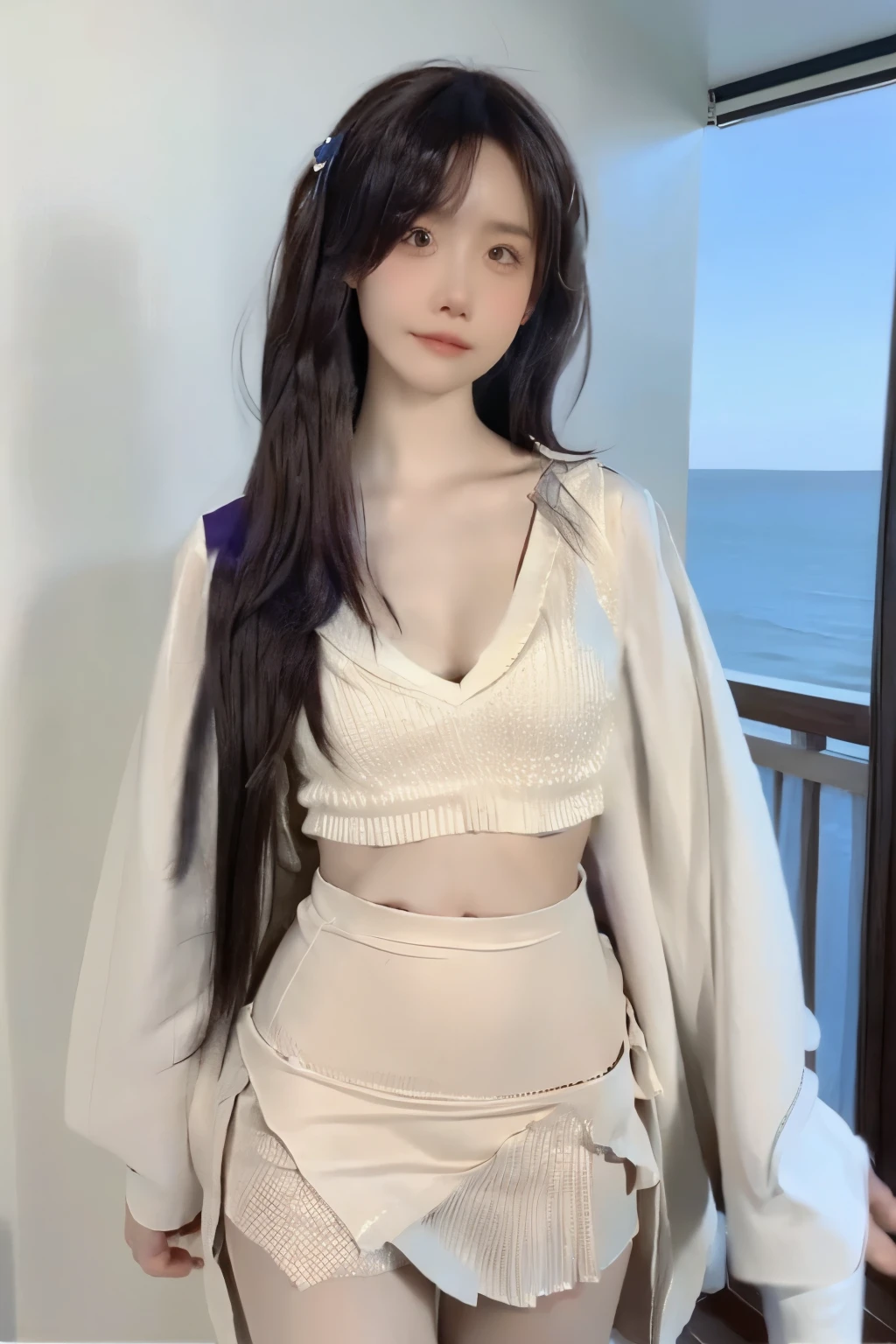 Beautiful woman with perfect body:1.4,Layered Hairstyle,Prominent cleavage,Highly detailed face and skin textures,Double eyelids,Skin Whitening,Long hair,Whitened long legs,(Vest,Pleated Skirt)Standing by the sea