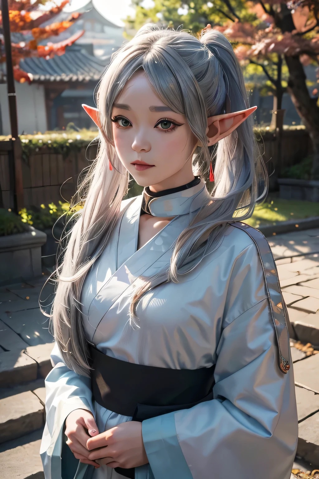 1 girl, beautiful Frieren, a realife adaption by the manga 'Frieren: Beyond Journey's End', bangs, kimono,volume lighting, highest quality, masterpiece, intricate details, tone mapping, sharp focus, very detailed, Trending at Art Station, 4k,whole body、condescending eyes, scorned eyes, silver hair in twintails, front view, looking at the viewer, elf ear, wearing pink kimono, dramatic sunlight shadow, masterpiece, highres, UHD, ultra detail face, ultra detail clothes, ultra hyper graphics, ultra detail background.