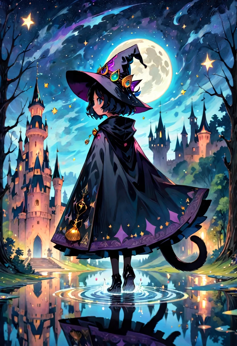 black cat, solo, alone, witch, hat, cloak, black short hair, long tail, jewelry, gems, sparkle effect, ornaments, walking on water, reflected water, castle, tower, forest, night, starry sky, star\(sky\),moon, no human, , masterpiece, best quality, ultra detailed, perfect anatomy, anatomically correct, vibrant color,