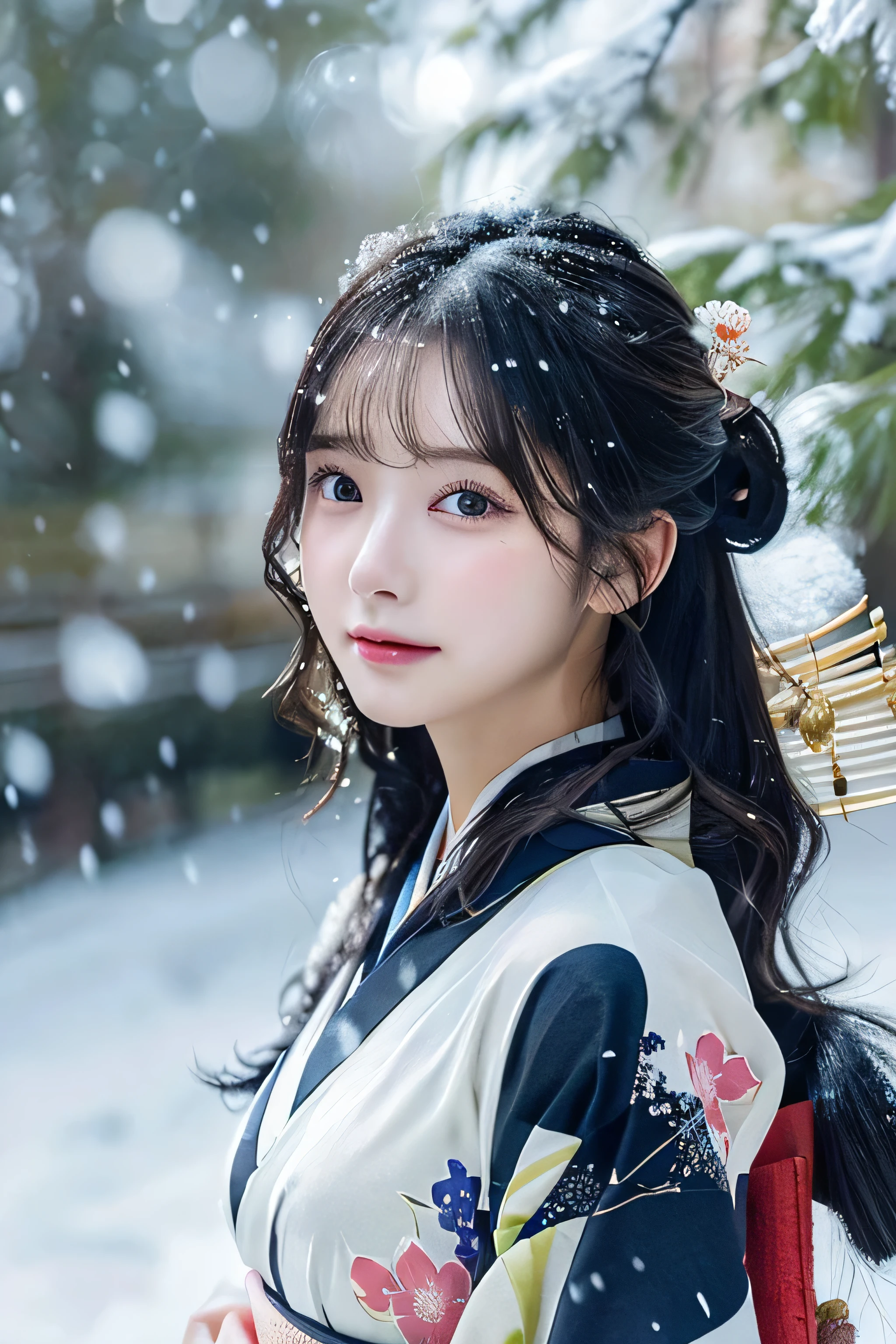 (Kawaii Kimono:1.3)、、(top-quality,masterpiece:1.3,超A high resolution,),(ultra-detailliert,Caustics),(Photorealsitic:1.4,RAW shooting,)Ultra-realistic capture,A highly detailed,high-definition16Kfor human skin、 Skin texture is natural、、The skin looks healthy with an even tone、 Use natural light and color,One Woman,japanes,,kawaii,A dark-haired,Middle hair,(depth of fields、chromatic abberation、、Wide range of lighting、Natural Shading、)、、(Falling snow:1.3)、(Hair swaying in the wind:1.3)、(Snow reflects light:1.3) 、(Large Breasts:1.3)、