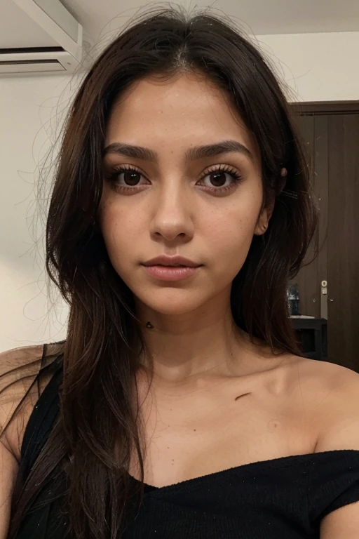 imagina ligeramente Morena , con ojos un poco achinados , hair a little below the shoulders, thin nose, perfilada y alargada, con las cejas en el medio ligeramente con menos vello, de aspecto flaca y de labios ligeramente gruesos 