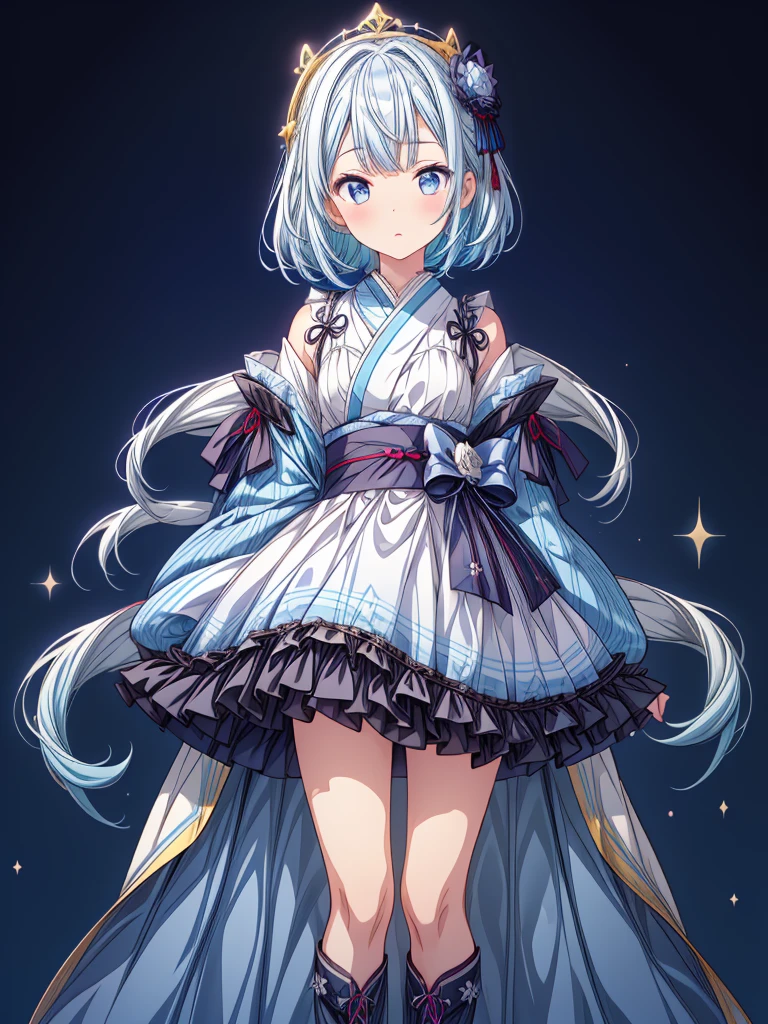 (((1girl)))、Star Fairy、vtuber-fullbody、(((highest quality、Masterpiece、The best composition、Golden Ratio、Official Art、Super detailed、Super detailedな目)))、ultra detailed, from front, headshot、 blue and white hair color、Short bangs above eyebrows、Short Hair、Standing in front of the viewer、A galaxy patterned outfit made from a remake of kimono and gothic , with dark blue and light blue as the main colors.、The sleeves are long and the hands are hidden、Knee-high boots、Pure white simple background、