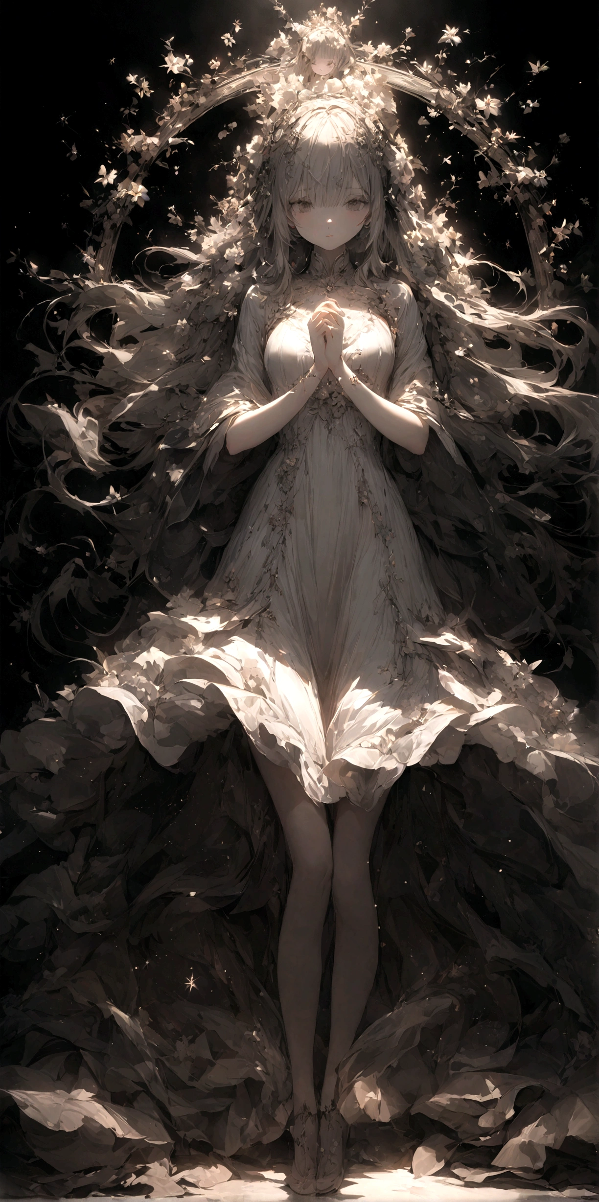 Oriental beautiful girl,Wearing a white dress,Wear floral ornaments on your head,Cute, lazy and ethereal beauty,Line drawing,Freshwater color,smudge,Light and shadow effects,high key lighting,highlight,Light transmission,light penetration,Backlit dark shadow background, black soft light, Professional photography master'artwork, texture, complicated, Clear, High-quality masterpiece,Extremely complicated and exquisitely detailed, Extremely detailed, Extremely detailed digital art