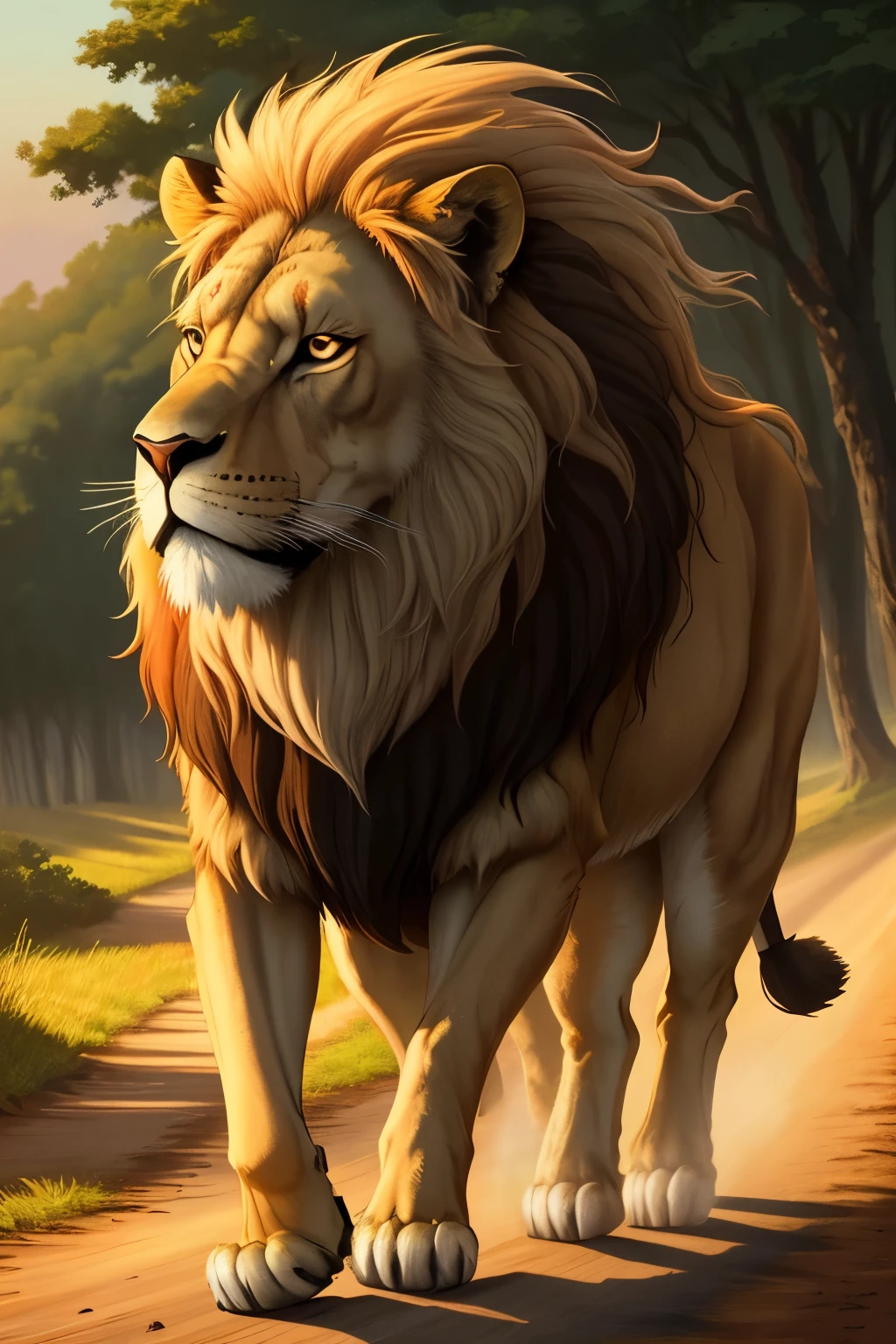 Animation: An Old Majestic Lion, adorned with a regal mane of multiple colors, strides solitarily on a winding forest road at twilight (9h16 format). The setting sun casts warm hues across his noble form, emphasizing the loneliness of his journey.