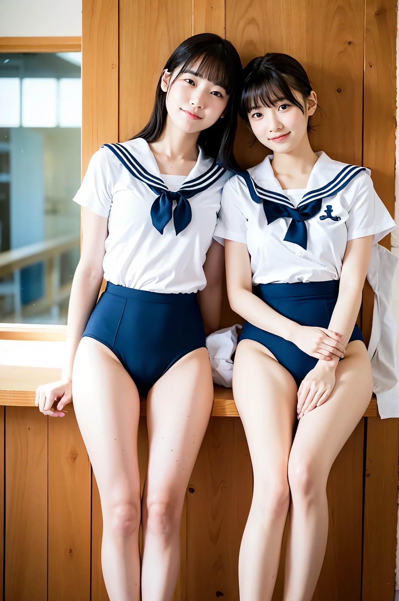 2 girls standing in wooden school classroom in summer,short-sleeved white swimsuit with sailor collar,18-year-old,bangs,a little smile,thighs,knees,short hair with low pigtails bunches,from below,front light