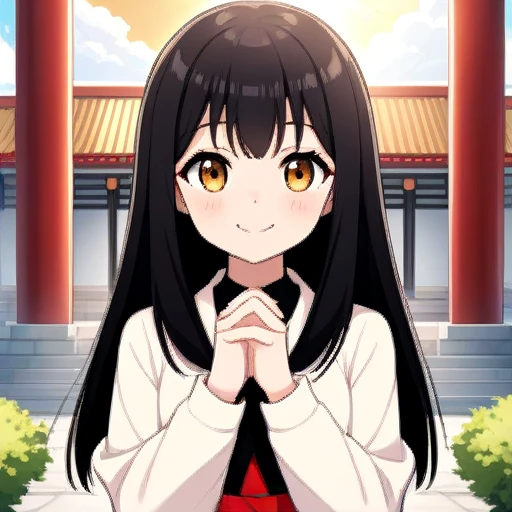 highest quality,Temple,Put your palms together,smile,sunny,Straight hair,cute,girl