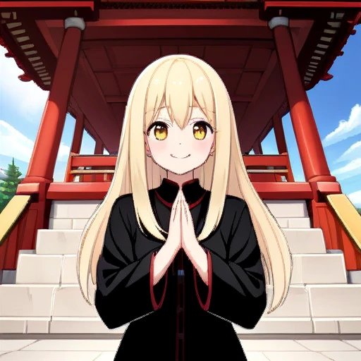 highest quality,Temple,Put your palms together,smile,sunny,Straight hair,cute,girl