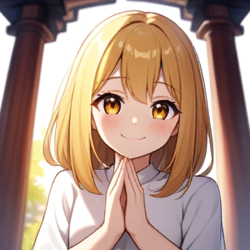 highest quality,Temple,Put your palms together,smile,sunny,Straight hair,cute,girl