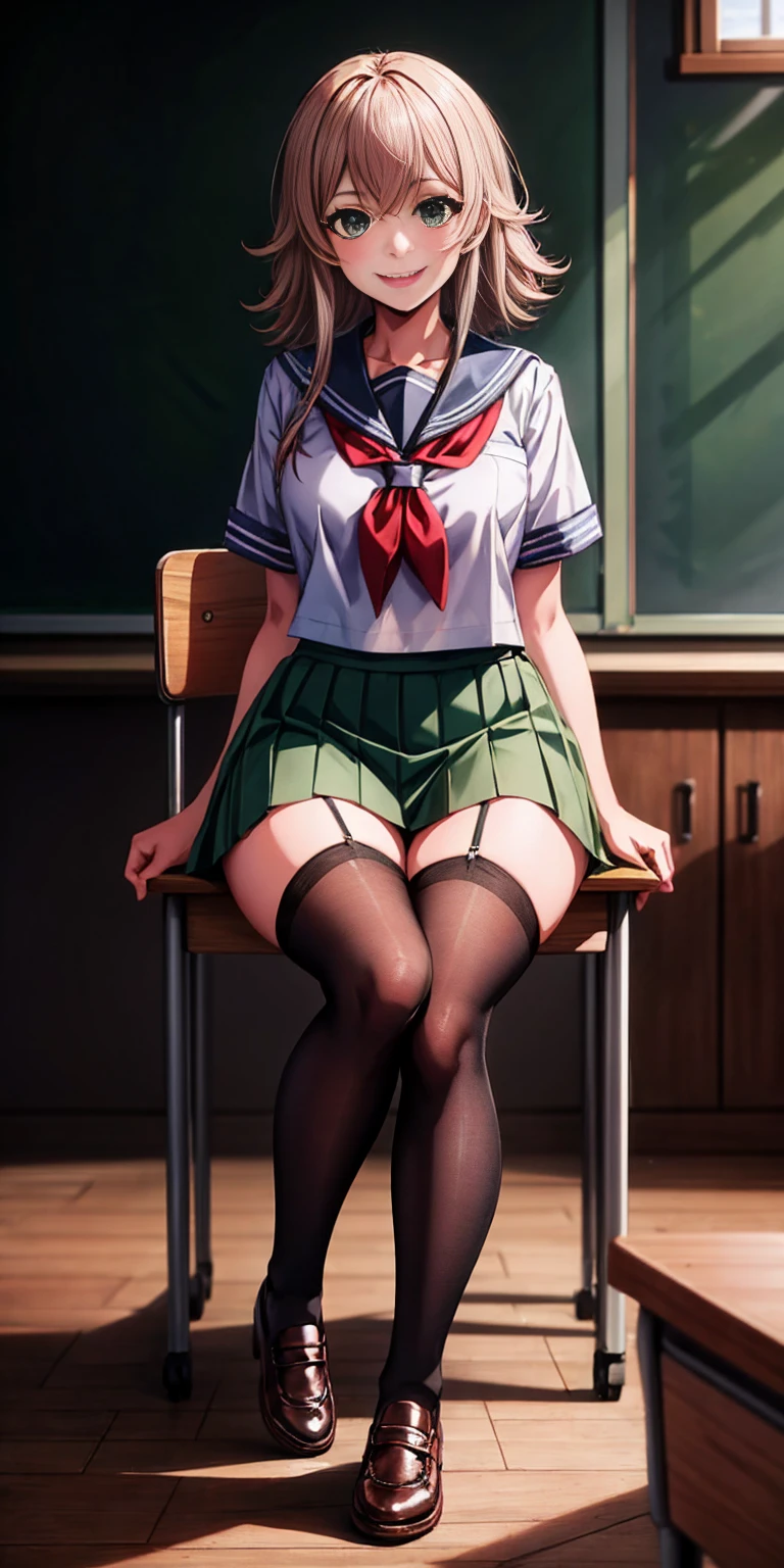 masterpiece, best quality, 1girl, Fenrys, school uniform, serafuku, short sleeves, green skirt, pleated skirt, black thigh highs, classroom, sitting in chair, desk, looking at viewer, smile