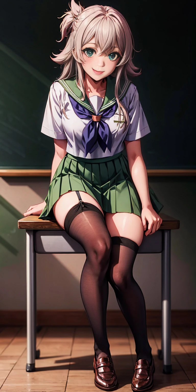 masterpiece, best quality, 1girl, Fenrys, school uniform, serafuku, short sleeves, green skirt, pleated skirt, black thigh highs, classroom, sitting in chair, desk, looking at viewer, smile