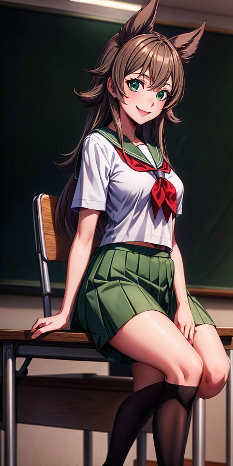 masterpiece, best quality, 1girl, Fenrys, school uniform, serafuku, short sleeves, green skirt, pleated skirt, black thigh highs, classroom, sitting in chair, desk, looking at viewer, smile