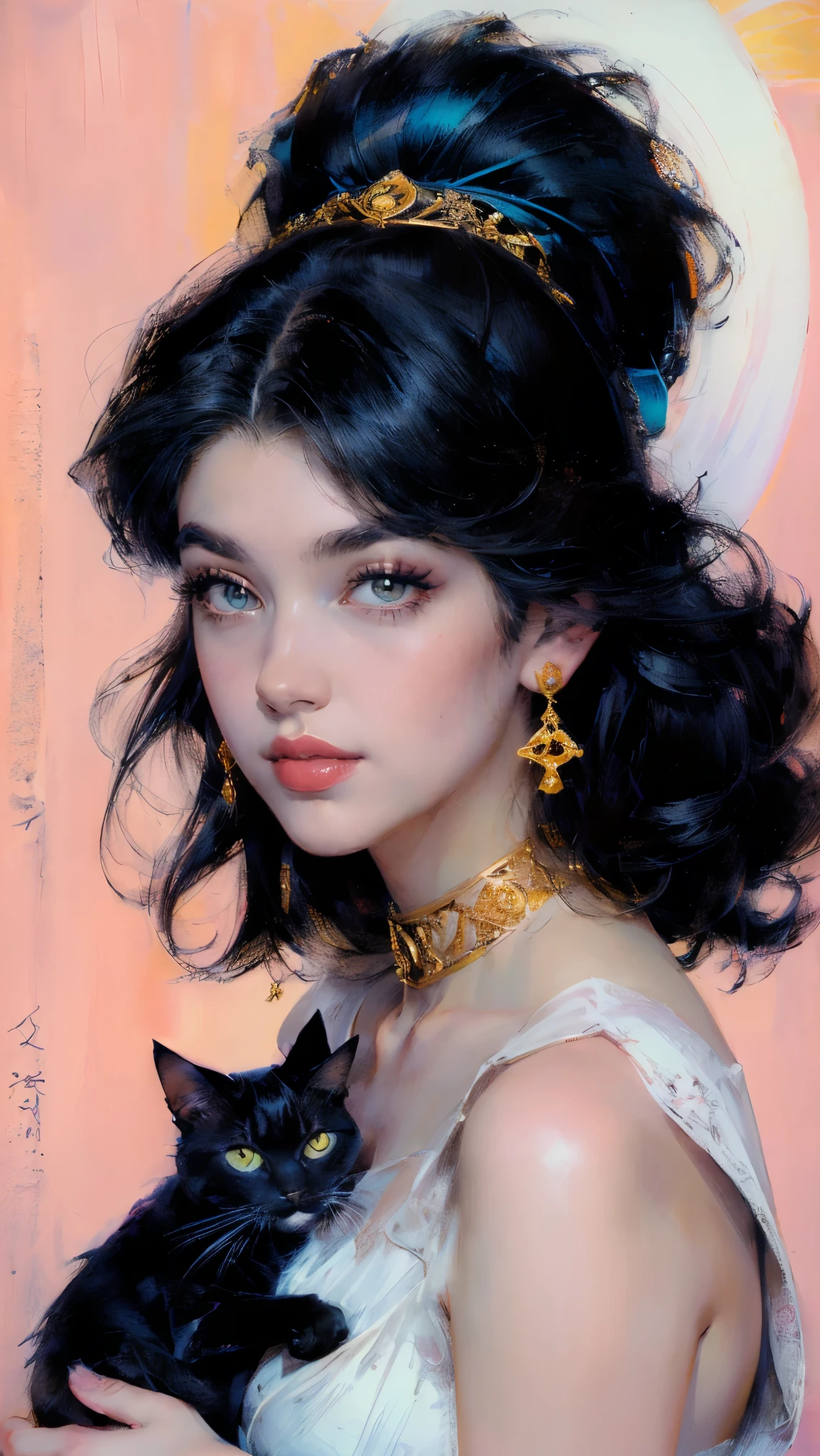 Drawing of a woman wearing a headdress and a cat, portrait of princess sarda, ink Comic Drawing, Original comic style, Inspired by Hirohiko Araki, Retro anime girl, pencil and ink Comic Drawing, Comic Style, Princess Libu, Cleopatra portrait, Comic Drawing, jojo anime style, Portrait of zodiac girl knight