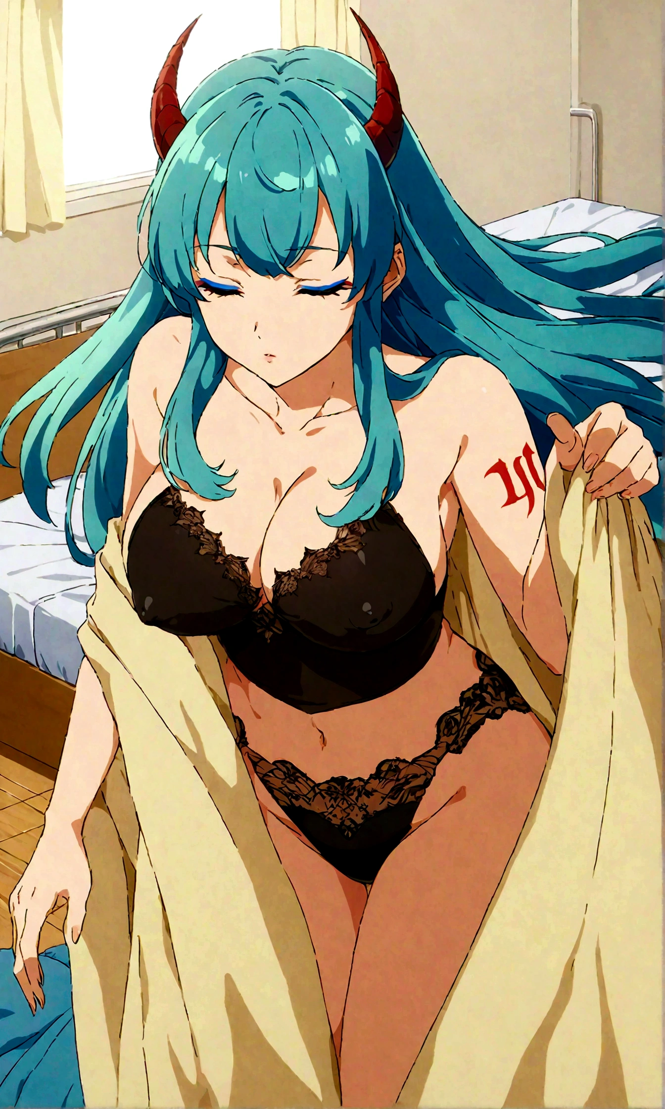 (score_9, score_8_up, score_7_up), solo, lum, long hair, bangs, blue hair, blue eyes, horns, aqua hair, eyeshadow, 4k, intricately detailed, source_anime, high resolution, high details, Expressiveh, Tattoo, Jewelry, Breasts, Cleavage, Breasts, Crossing, sleeping, on side, (covering with blanket:1.3), blanket, cowboy shot, closed eyes, curvy, covered nipples, destroyed lace panty, hospital, bed, foot focus, detailed fingers, good_hands, (high definition),