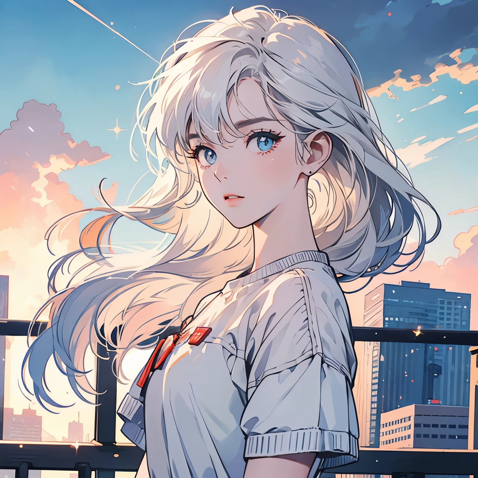 Upper Body、woman1people、highest quality、8K、The wind is blowing、Short sleeve sweater、Sunset、City of the Future、skyscraper、electric wire、pedestrian crossing、logo、line、station、(((Sparkling Eyes)))、(((Strong gaze)))、White Hair、Hair Length Medium、Detailed Hair、Complex background、Detailed、Faint lighting、Backlight、dim、Clouds in the sky、front