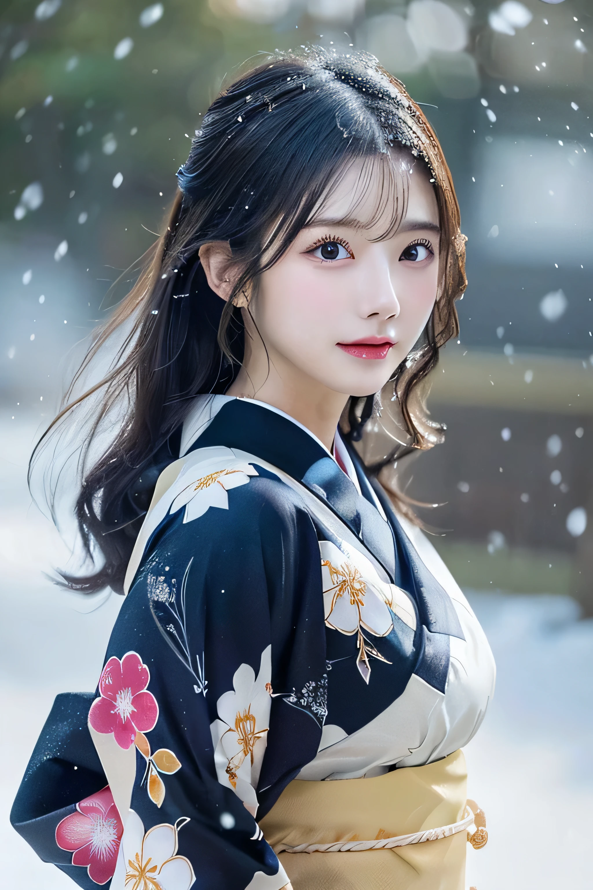 (Kawaii Kimono:1.3)、、(top-quality,​masterpiece:1.3,超A high resolution,),(ultra-detailliert,Caustics),(Photorealsitic:1.4,RAW shooting,)Ultra-realistic capture,A highly detailed,high-definition16Kfor human skin、 Skin texture is natural、、The skin looks healthy with an even tone、 Use natural light and color,One Woman,japanes,,kawaii,A dark-haired,Middle hair,(depth of fields、chromatic abberation、、Wide range of lighting、Natural Shading、)、、(Falling snow:1.3)、(Hair swaying in the wind:1.3)、(Snow reflects light:1.3)  、(Large Breasts:1.3)、