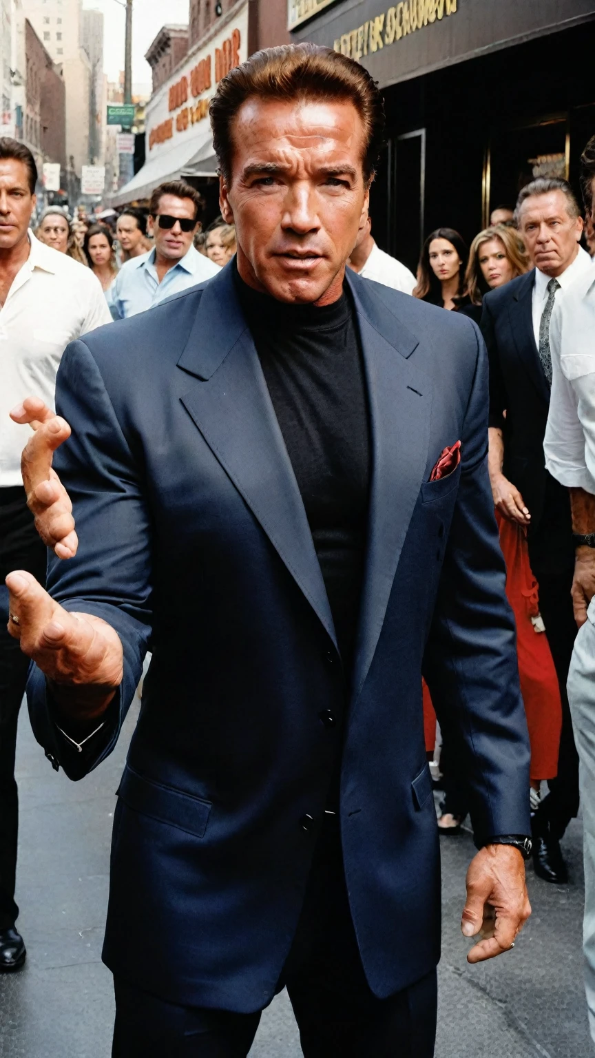 young Arnold Schwarzenegger with wild horror on his face like a liquid terminator melting like ice cream on the walk of fame, shielding himself with his hand as if from the sun at the sight of the incredibly menacing Sylvester Stallone