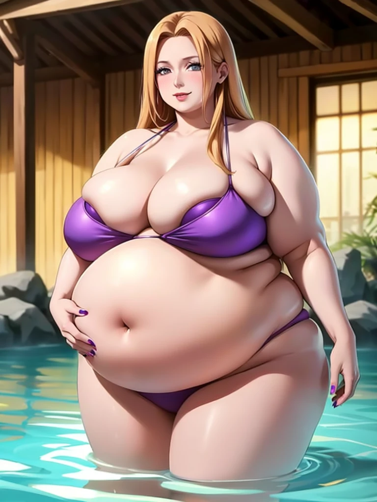One woman in the scene, Rangiku Matsumoto, bbw, fat, obese, overweight, bikini, huge pregnant belly, protruding navel, make-up, subtle smile, onsen, sweating