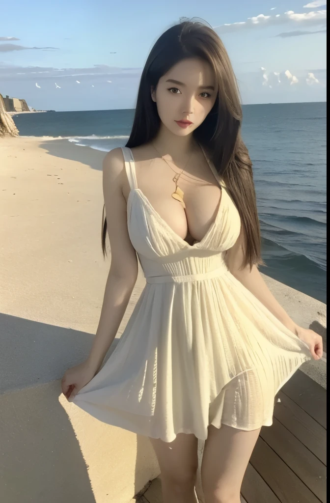 Beautiful woman with perfect body：1.4，Layered Hairstyle，Prominent cleavage：1.1，Highly detailed face and skin textures，Double eyelids，Skin Whitening，Long hair，Whitened long legs，（dress），Standing by the sea