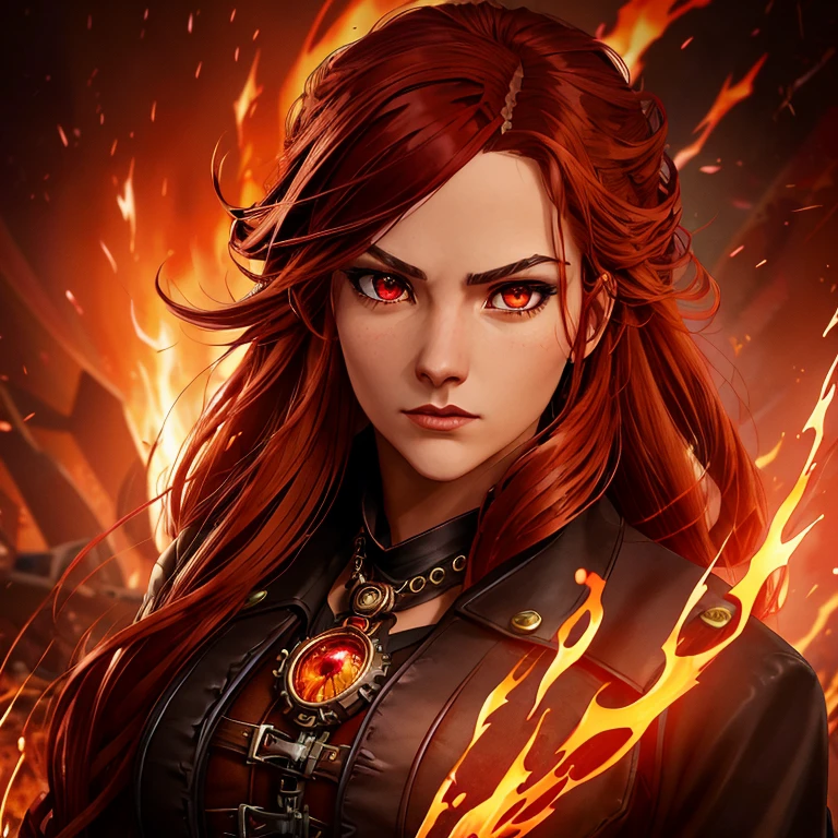 (girl with modest black and red steampunk outfit, steampunk goggles on forehead), wide shot, full body, front view, (((crimson eyes))), crimson hair, long hair, (perfect hands), gold necklace with red gem, flames surround her, wreathed in flame, global illumination, determined look at the viewer, illustrations, high-quality, ultra-detailed, vivid colors, portraits, warm color tones, soft lighting, long flowing red hair, leather corset, mechanical accessories, industrial background, intense expression, flaming red eyes, (infernal aura), standing before a roaring bonfire, passionate expression, twilight, fiery landscape, crackling flames, intense atmosphere, (crackling embers), (dancing flames), Ignia, fiery eyes, background of blazing inferno