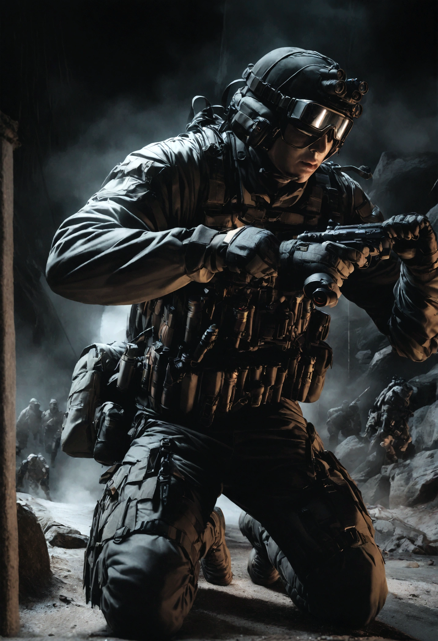 a highly trained secret agent, tactical stealth gear, night vision goggles, fully equipped with gadgets, dynamic action pose, cinematic lighting, moody dramatic atmosphere, photorealistic, 8k, hyper detailed,1person