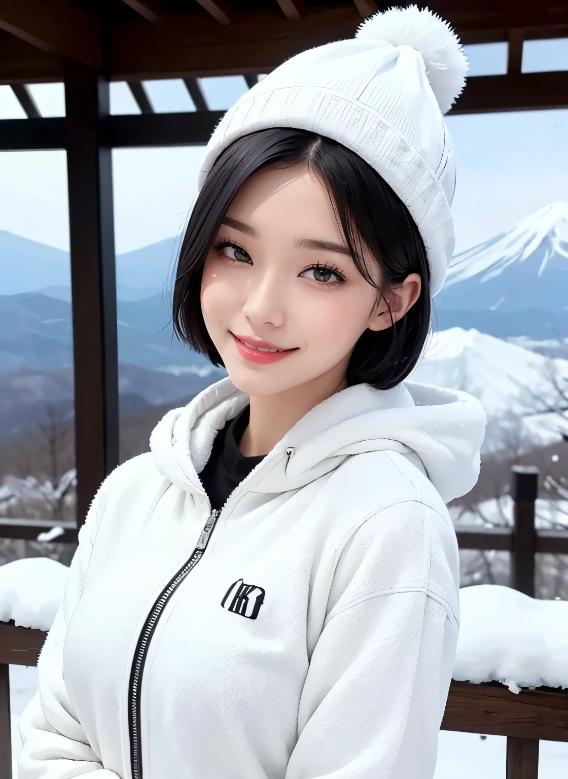 1girl, (Black Eyes), (smiling), wide hips, Big tits, big ass, (Best Quality, 8k, Masterpiece: 1.3), Clear Focus: 1.2, Perfect Body Beauty: 1.4, strong abs :1.2, Highly detailed face and skin texture, detailed eyes, double eyelids, black lined eyes, red lips, (black short hair :1.3), white warm furry jacket, jeans, winter hat, standing, dynamic pose, portrait, close-up of face, in Fuji-Hakone-Izu National Park Japan, snowy day, snow on the ground, Mount Fuji in the background, Fujisan