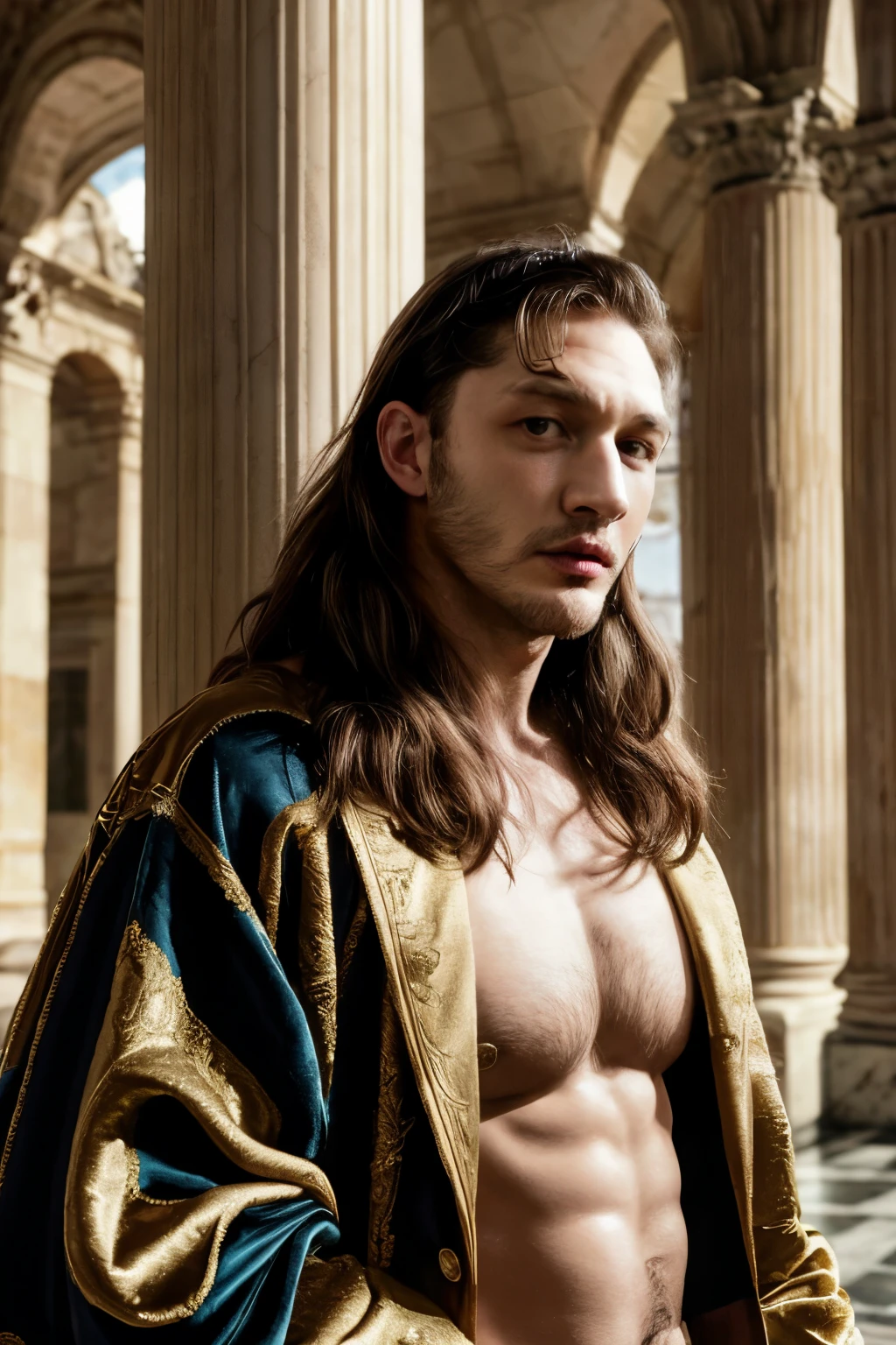 Tom Hardy, Pintura renacentista, Detailed description, Physical Characteristics, Vestimenta renacentista, Velvet doublet, Capa de seda, Luz suave del atardecer, thoughtful expression, Postura y presencia, Architectural background, Tapestries and marble columns, Intersection between past and present, Realismo y detalle, Carisma y misterio