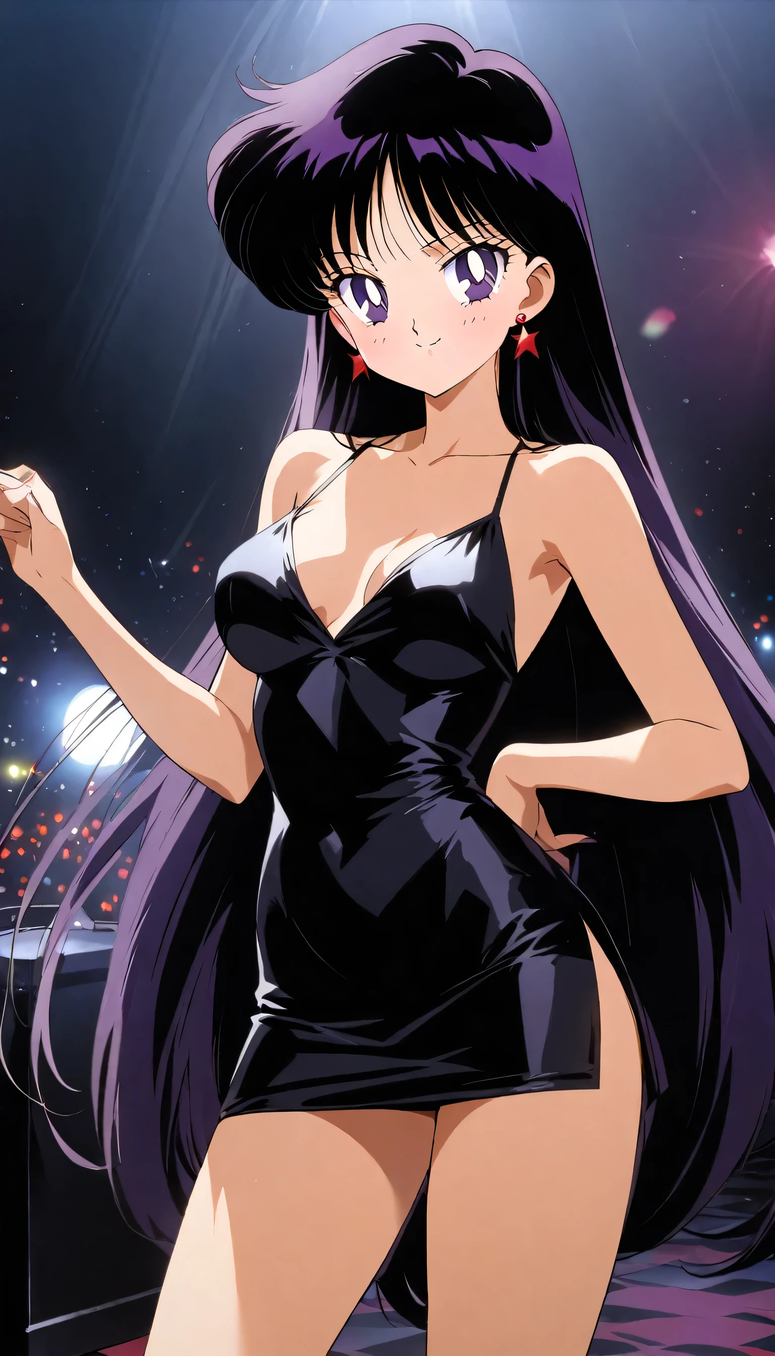 aamars, very long hair, black hair, parted bangs, purple eyes, 1990s \(style\), 1 girl, solo, Best quality, masterpiece, High Definition, taut dress, spaghetti strap, black dress, sleeveless, night club, dance floor, disco lighting, standing, black high heels, sexy posing, cowboy shot, medium breast, smile,