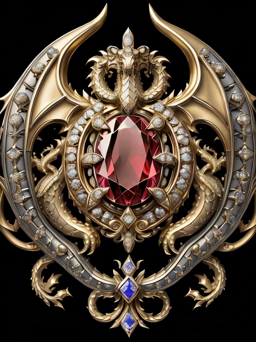 ((masterpiece、highest quality、Very detailed、Photorealistic、High resolution、Sharp focus))、((No humans))、((Elaborate coat of arms、Ruby、sapphire、diamond))、Smooth surface、Reflective surface、Dragon Head、Shiny Gold、Symmetrical、Dynamic lighting、Scattered beneath the surface