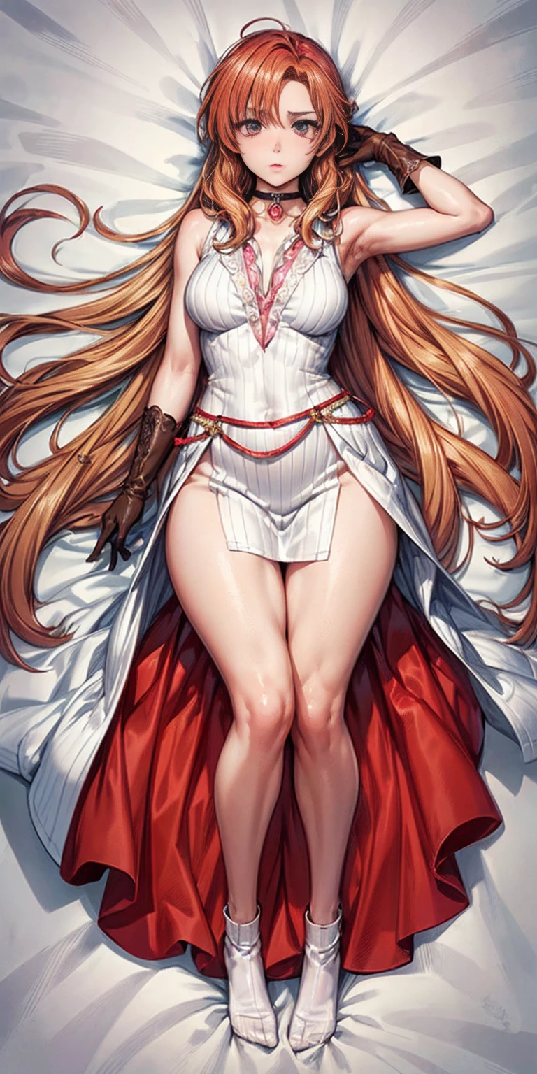 ((1sologirl Lisara Restall symmetry full body)) (gloves, leather choker, jewelry, pelvic curtain, sleeveless, sleeveless dress, white dress:1.2) there is a girl on the bed, she is sleepy, full body, dakimakura, lying down ((anime girl)) best quality, expressive eyes, perfect face, (masterpiece), best quality, expressive eyes, perfect face ((best quality)) ((ultra-detailed)) ((an extremely delicate and beautiful)) perfect eyes, perfect body ((symmetry eyes)) beautiful eyes, ((thick thighs)) shinny skin, soft skin ((perfect body))
