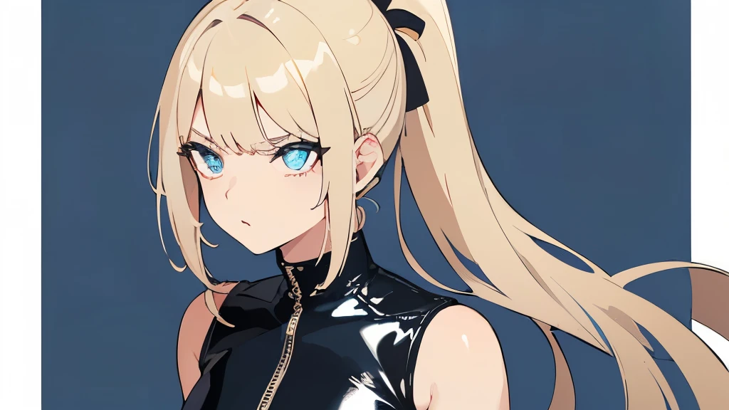 1 person、No sleeve、Ahegao、ponytail、blonde、amount、Blue Leather Shirt、Sara、No sleeve、best quality, super fine illustration,(((beautiful fine hair))),(((beautiful fine face))),(((beautiful fine background))),blue-black leather pants, silver zipper,belt below the waist,super fine illustration,(((beautiful fine hair))),(((beautiful fine face))),(((beautiful fine background))),normal small size,bangs bangs ,(((beautiful fine hair))),(((beautiful fine face))),(((beautiful fine background))),blond hair , showing forehead, silver center zipper, leather blue black bodysuit, sleevelesblue blacks, shiny, blonde ponytail