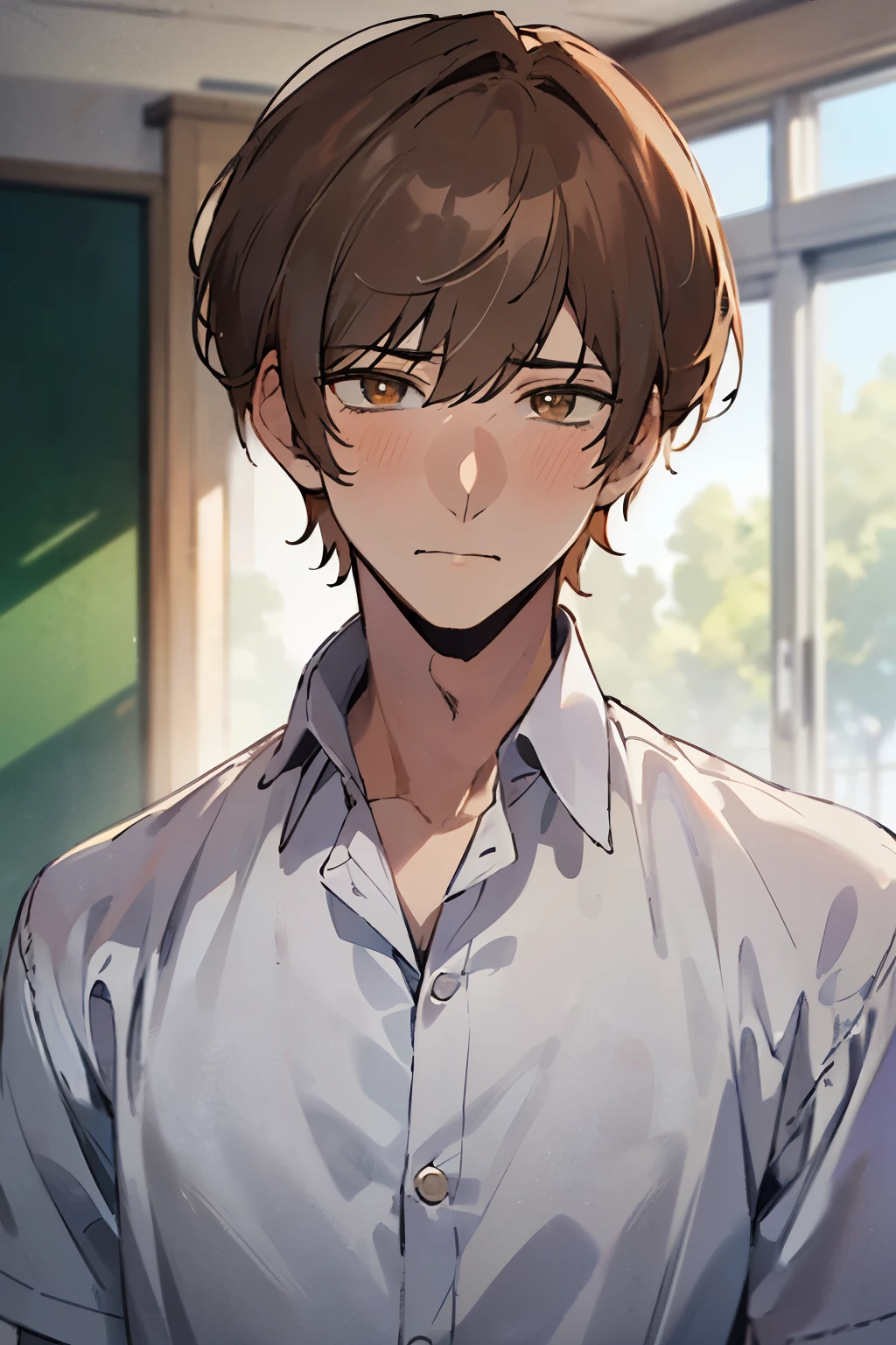 ((best quality)), ((masterpiece)), (detailed), perfect face(((((Solitary)))),24-year-old boy, warm skin, Pupils purple, hanging,Sharp Eyes,,,Male focus, looking at the audience, Upper Body ,brown hair, short hair, Face Focus,aldult, shirt, best quality, Facial details.,‎Classroom