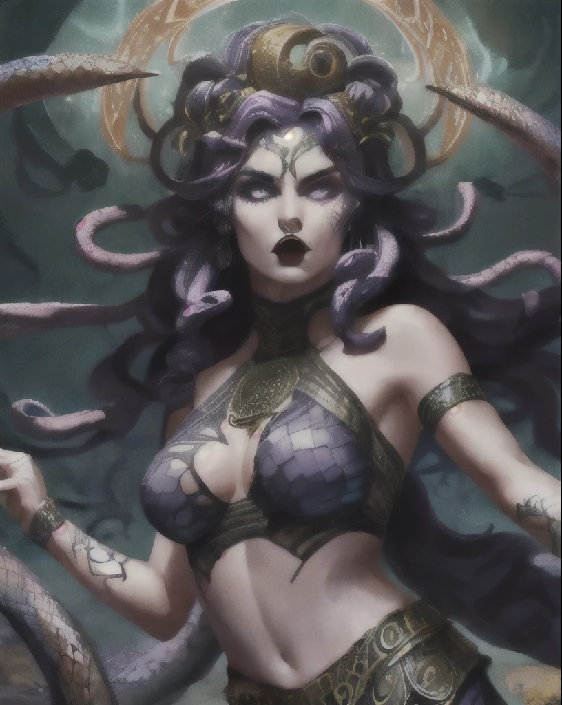gorgon, gray skin, nsfw, snake eyes, angry face, gothic makeup, tribal markings, (masterpiece), best quality, highres, 4k, 8k, Detailed Illustration, intricate detail, cinematic lighting, amazing quality, amazing shading, soft lighting, upper body, midriff, breasts, torso, scales, snake hair, snakes, fangs, patchouli_knowledge_touhou, purple_hair, long_hair,