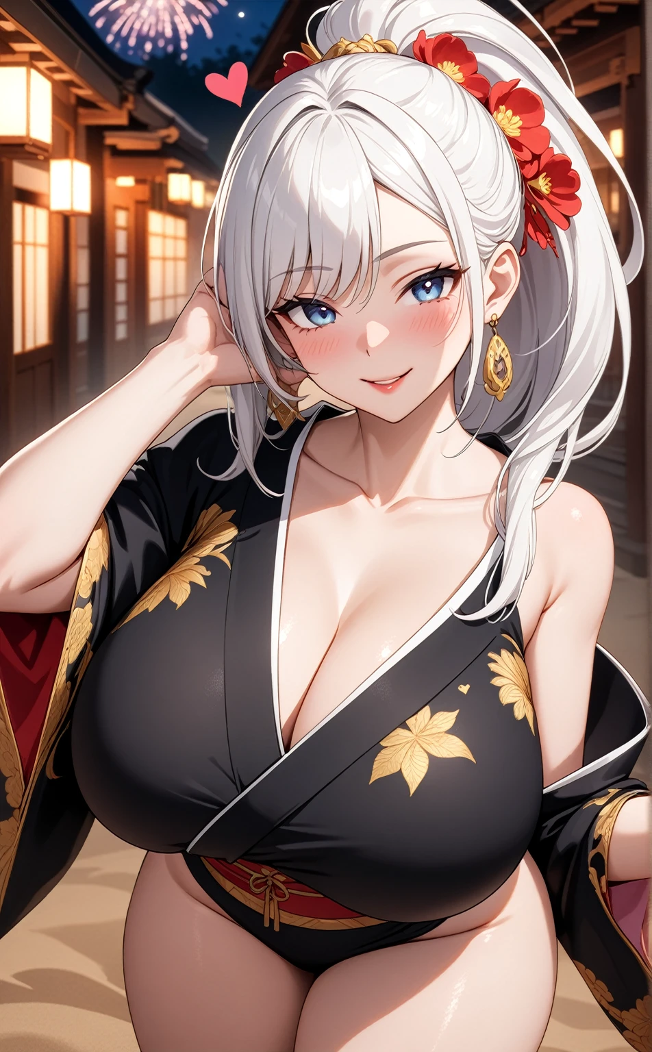 ((one personの女性)), Beautiful Face,Laugh shyly,((Wink:1.7)),Laughing with your mouth open,turn bright red,Glossy pink lips,night,Japanese-style room of the shrine,firework,((Anime style background)),masterpiece, highest quality, so beautiful, Latest, Complex details, (Pink long nails),AI-generated, Complex,High resolution, highest quality, super high quality,3D Images、View your viewers、3D Images,one person,Long white hair,High Ponytail,blue eyes,Anime woman posing for a photo, [[fine grain、Colorful eyes、Shining Eyes:1.15]],(Squint your eyes:1.1),a hyperRealistic , hyperRealistic , Realistic,Anime woman with long and white hair, Smooth anime CG art, A woman in a colorful kimono with gold embroidery, (Black kimono),Red floral pattern,Long flower hair ornament,Big earrings,(Big Breasts:1.1),Mature Body,expensive,Big Ass,Fine details,Tight waist,Abdominal muscles,(Face close-up:1.5),Tilt your face,Shooting from an angle,(Make a heart sand sign)