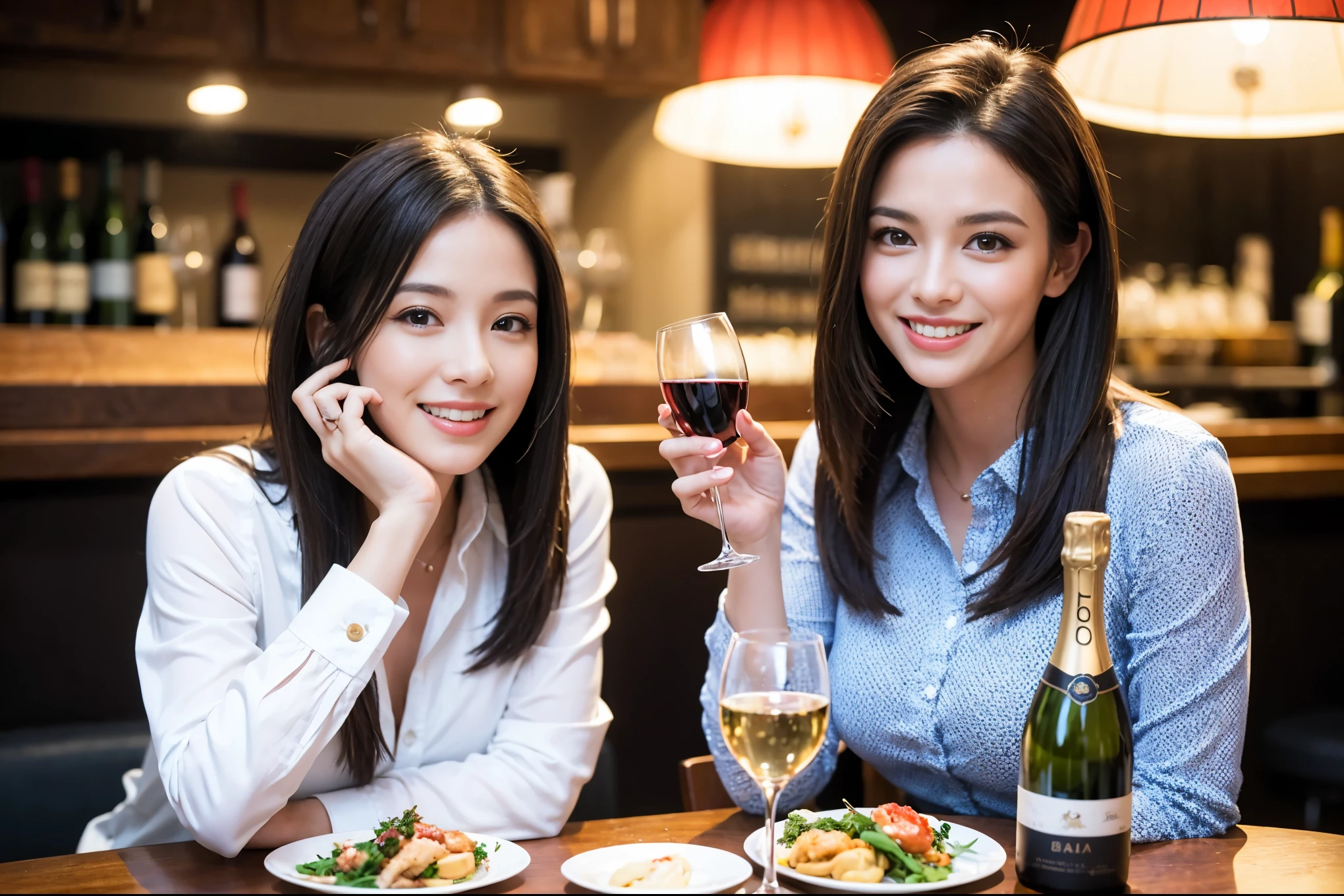 ((highest quality、8k、masterpiece:1.3))、1 male 1 female、Lovers、beautiful couple、Happy Smile、 (Slim face), (The body is スリム), (Brown Hair), (Shortcuts), ((Bob Hale、Straight hair:1.2)), テーブルの上のwine glass、Please put light on my face、 Amazing view of the sunset sky and clouds、Amazing mountain views、The wonderfulness of smiles、Bright image、Blushing, Shortcuts,Bright Face、 (Age 35), 39 years old, red wine 、Appetizers、Italian food、Wine bottle、Champagne、sparkling wine、Long sleeve shirt、dress、Attractive beauty、restaurant, Nova Frog Style, actress, model, Upper Body, White wine, red wine, wine glass, 