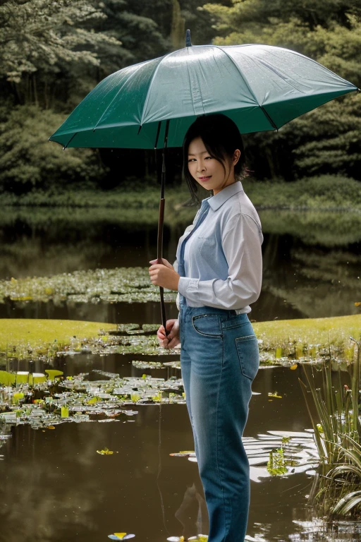 A woman standing by a pond,Holding a green umbrella, Ni Zan's pictures, tumblr, Art Photography, Standing gracefully on the lotus, a young Asian woman, Chinese Girl, young Asian woman, an Asian woman, young Asian girl, Chinese woman, Asian girl, beautiful Asian girl, Asian woman, With flowers, beautiful young Asian woman, with lotus