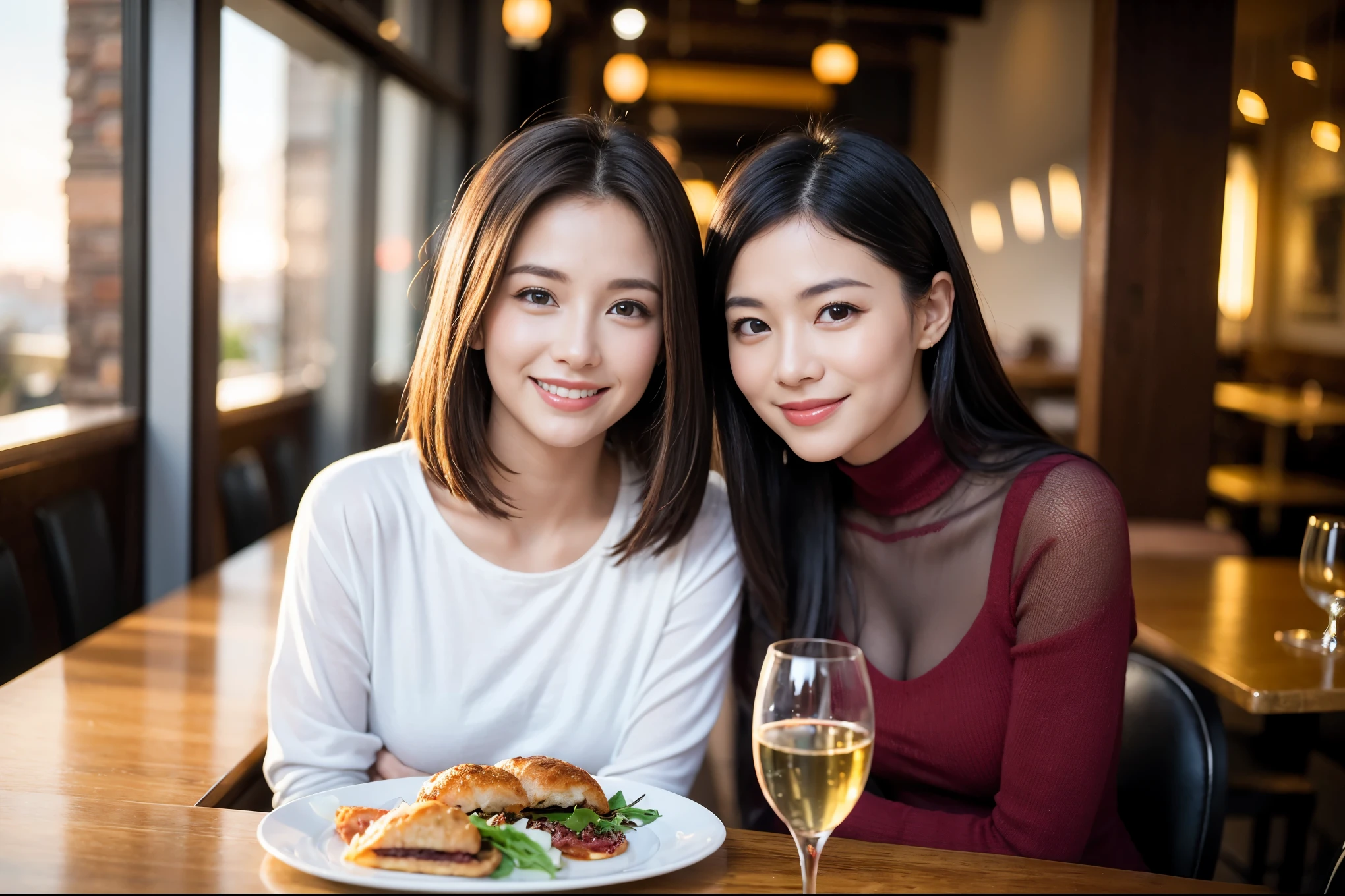 ((highest quality、8k、masterpiece:1.3))、1 male 1 female、Lovers、beautiful couple、Happy Smile、 (Slim face), (The body is スリム), (Brown Hair), (Shortcuts), ((Bob Hale、Straight hair:1.2)), テーブルの上のwine glass、Please put light on my face、 Amazing view of the sunset sky and clouds、Amazing mountain views、The wonderfulness of smiles、Bright image、Blushing, Shortcuts,Bright Face、 (Age 35), 39 years old, red wine 、Appetizers、Italian food、Wine bottle、Champagne、sparkling wine、Long sleeve shirt、dress、Attractive beauty、restaurant, Nova Frog Style, actress, model, Upper Body, White wine, red wine, wine glass, 