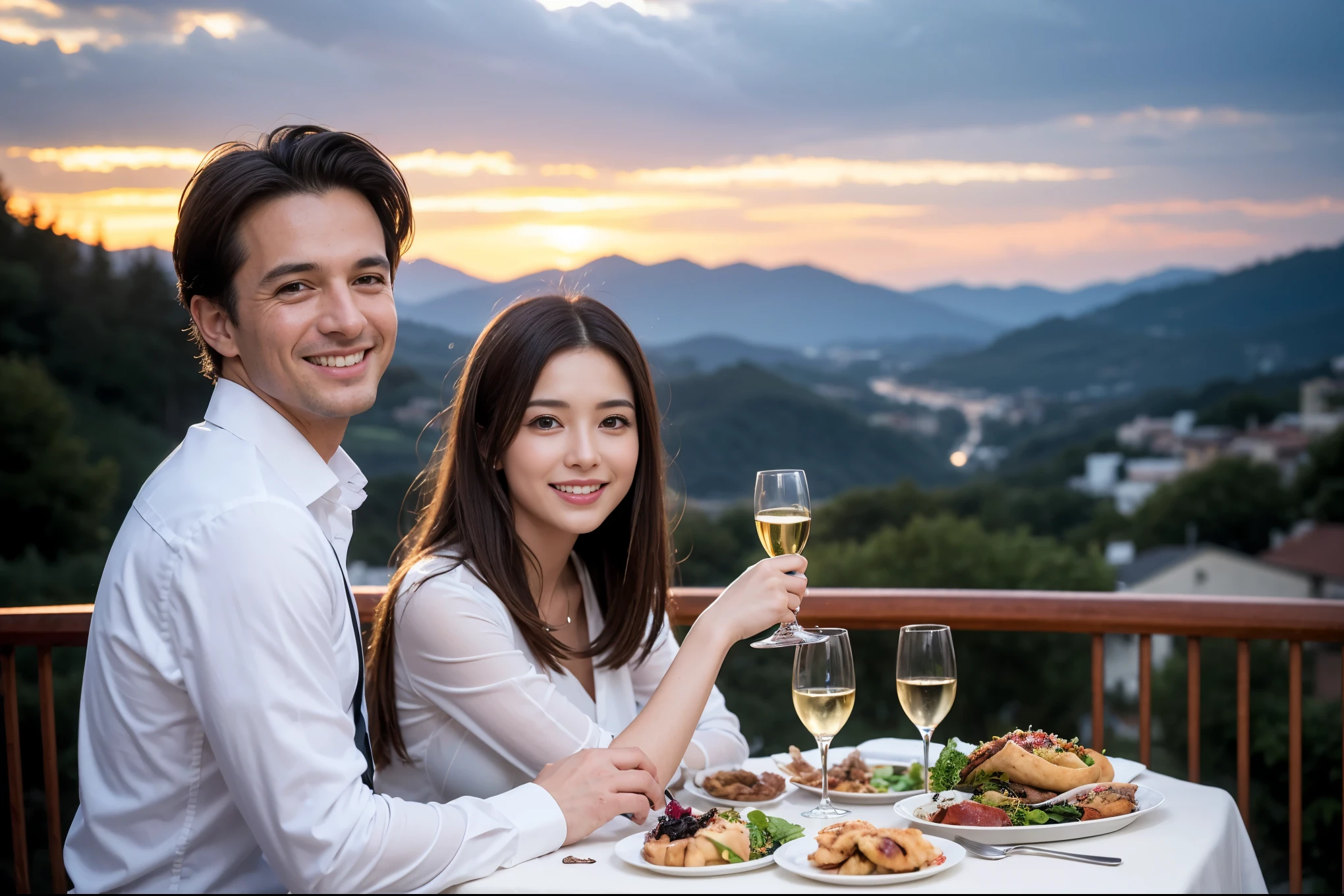 ((highest quality、8k、masterpiece:1.3))、1 male 1 female、Lovers、beautiful couple、Happy Smile、 (Slim face), (The body is スリム), (Brown Hair), (Shortcuts), ((Bob Hale、Straight hair:1.2)), テーブルの上のwine glass、Please put light on my face、 Amazing view of the sunset sky and clouds、Amazing mountain views、The wonderfulness of smiles、Bright image、Blushing, Shortcuts,Bright Face、 (42 years old), 39 years old, red wine 、Appetizers、Italian food、Wine bottle、Champagne、sparkling wine、Long sleeve shirt、dress、Attractive beauty、restaurant, Nova Frog Style, actress, model, Upper Body, White wine, red wine, wine glass,