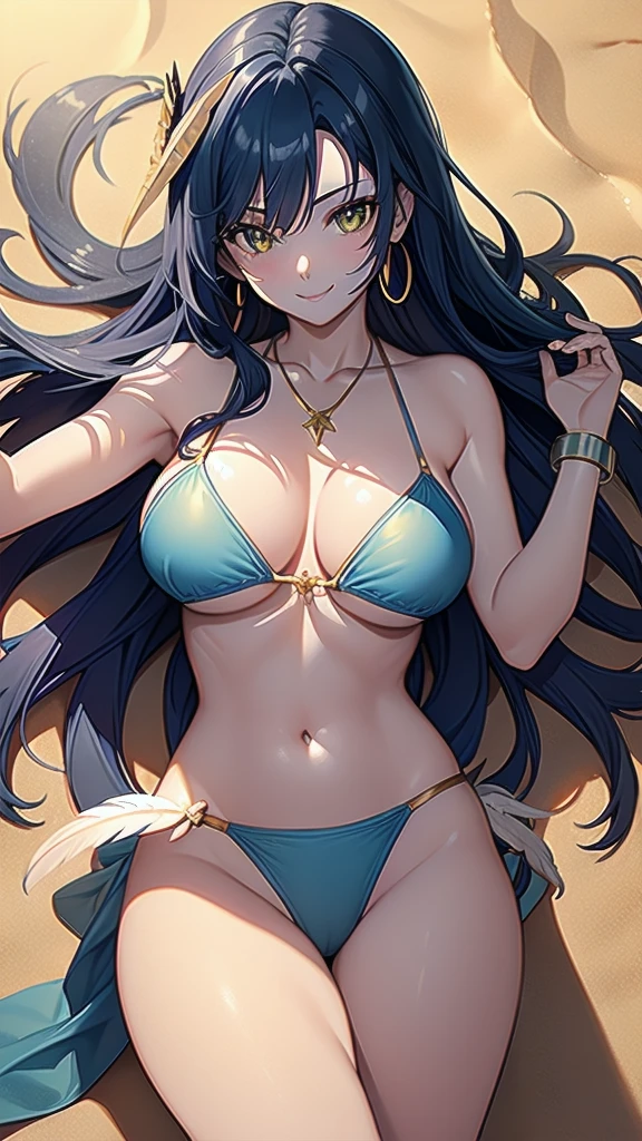 masterpiece, best quality, 1 solo girl, dark blue hair, yellow eyes, long hair, medium breasts, sexy body and face, wavy hair, smile, white bikini, pendant, bracelet, jewelry, earrings, feather hair ornament, ball, lying at the sand, summer, sexy pose, cowboy shots, detailed body, face, and eyes, sharp focus, vibrant, creative, dynamic, high definition, high resolution, 8k, (Upscale: R-ESRGAN 4x+ Anime6mage enchance:4x), voluptuous body, cinema lightning, dakimakura style, looking at the viewer, hair ribbon