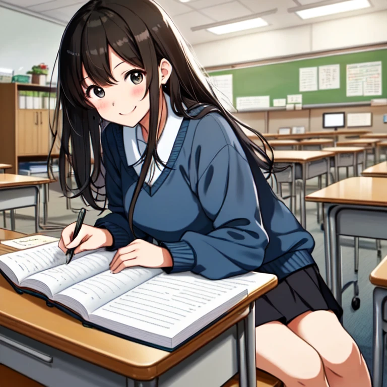 High resolution illustrations。Studying hard in the classroom、A neat and tidy female student with black hair wearing a sailor uniform。Even with sweat running down my forehead、She is smiling with a sense of accomplishment.。she is sitting at the desk、In the background, there are books and notebooks scattered around, giving the impression of a classroom.。Realistic depiction and vibrant colors。The poster reads:「Learn together、Make your dreams come true！」It includes the catchphrase and the school&#39;s logo.。Soft touch、I can see the sky、summer school、Drooping in sweat、A girl who tries desperately、I want to win