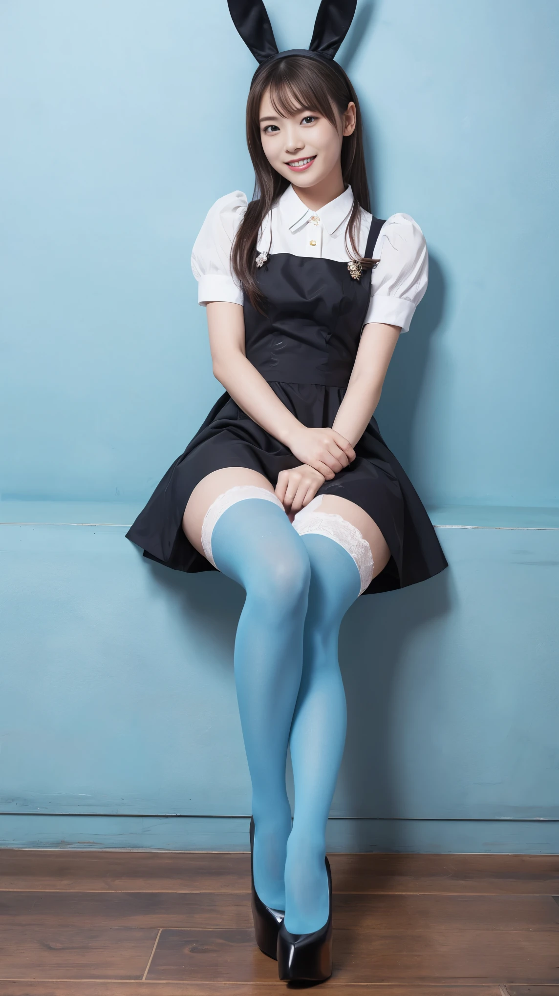 Bunny girl in a light blue maid outfit:1.5，Wearing light blue tights:1.5，The best smile:1.5，Full Body Shot:1.5，Gray background:1.5，Wearing black high heels:1.5，Poop sitting:1.5