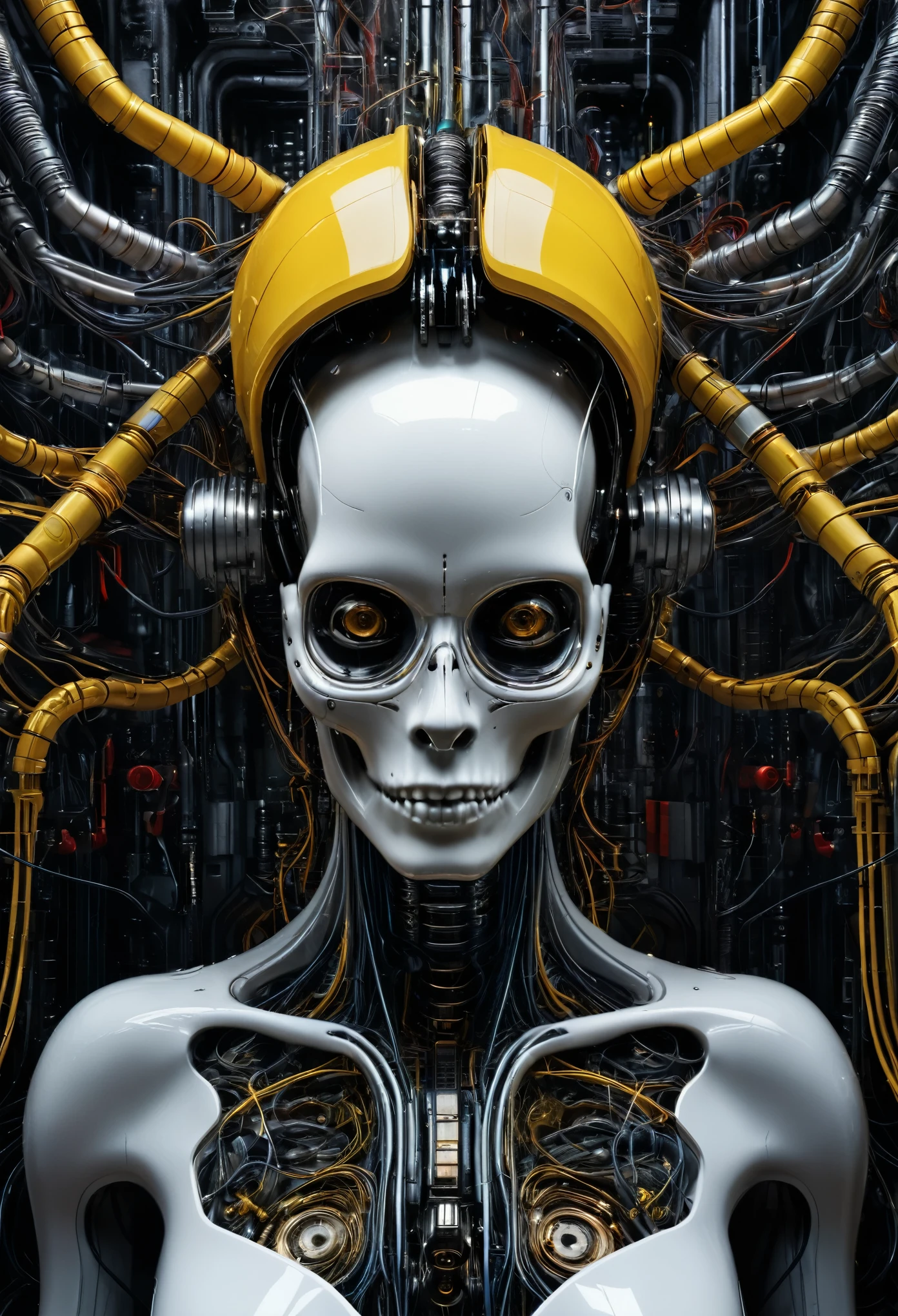 a captivating humanoid skull emerges from a sea of intricate technological components. Surrounded by a labyrinth of wires, tubes, and mechanical arms, the face exudes an air of mystique and undeniable power. The eyes of the face command attention, one of them radiating a striking yellow hue that pierces through the monochromatic palette. Shades of black and white dominate the scene, punctuated by bold splashes of red that add drama and depth to the image. The intricate details of the mechanical elements intertwine seamlessly with the organic features of the face, hinting at a harmonious fusion of human and machine. powerful exploration of the intersection between technology, humanity, half body portrait, highly detailed, photo realistic, cinematic, movie still, captured in the style of Sony Alpha A7 III camera